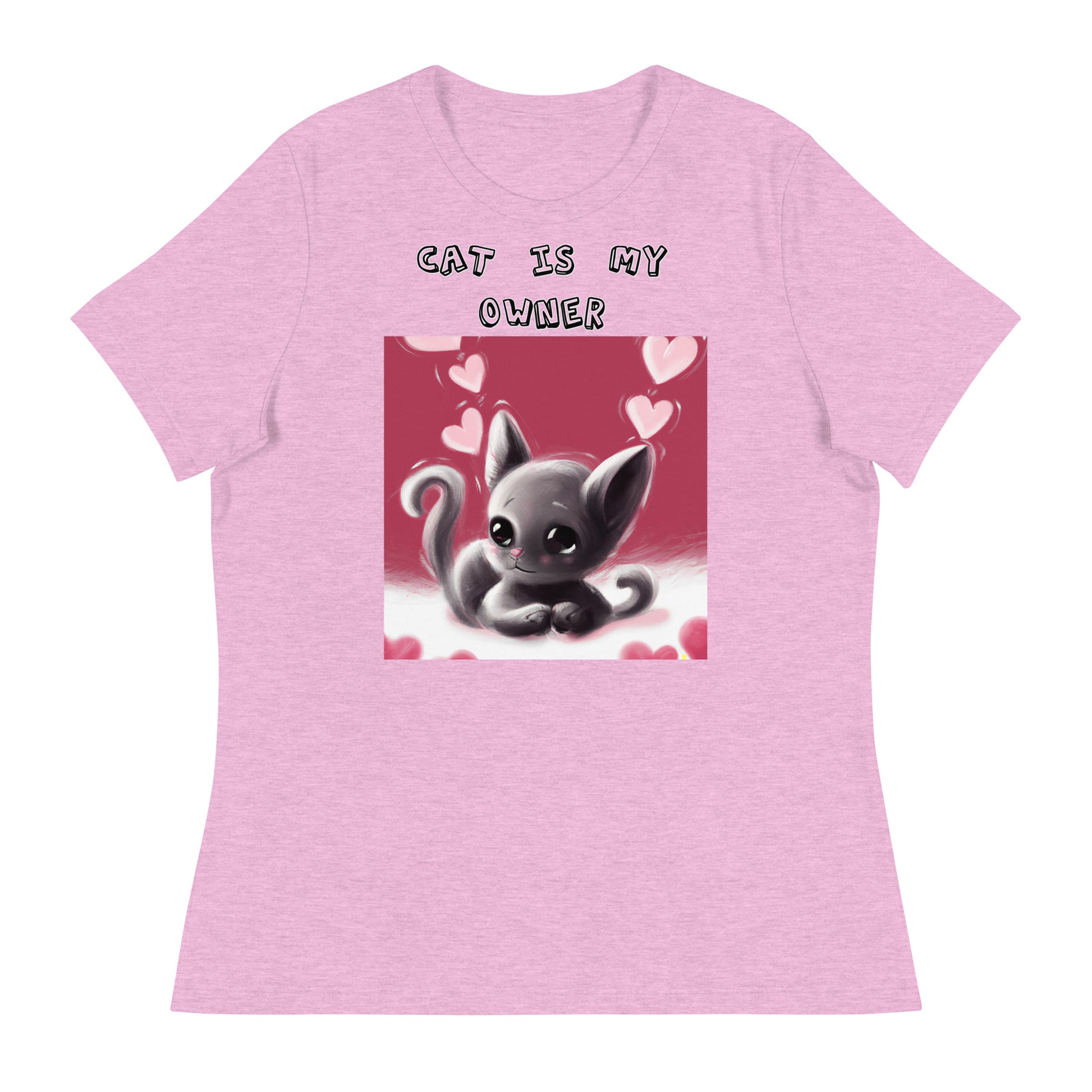 Women's White T-Shirt with Kitten With Pink Hearts with a text "Cat Is My Owner" at $25.97 found at Personalizedpetlovergifts