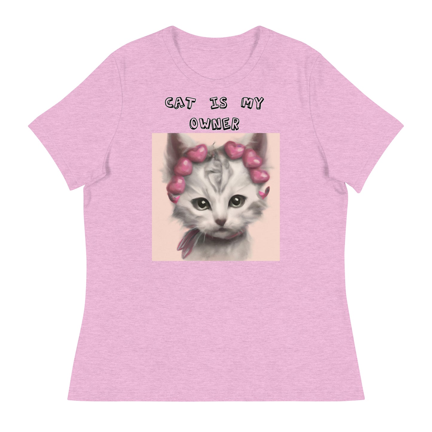 Women's White T-Shirt with Kitten With Heart Headband with a text "Cat Is My Owner" at $25.97 found at Personalizedpetlovergifts