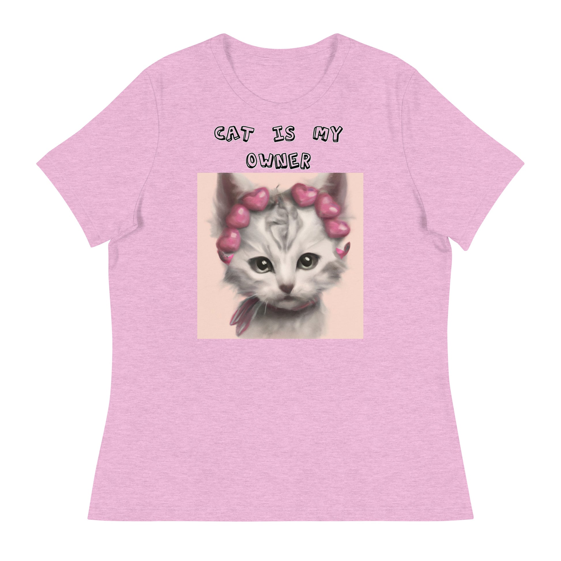 Women's White T-Shirt with Kitten With Heart Headband with a text "Cat Is My Owner" at $25.97 found at Personalizedpetlovergifts