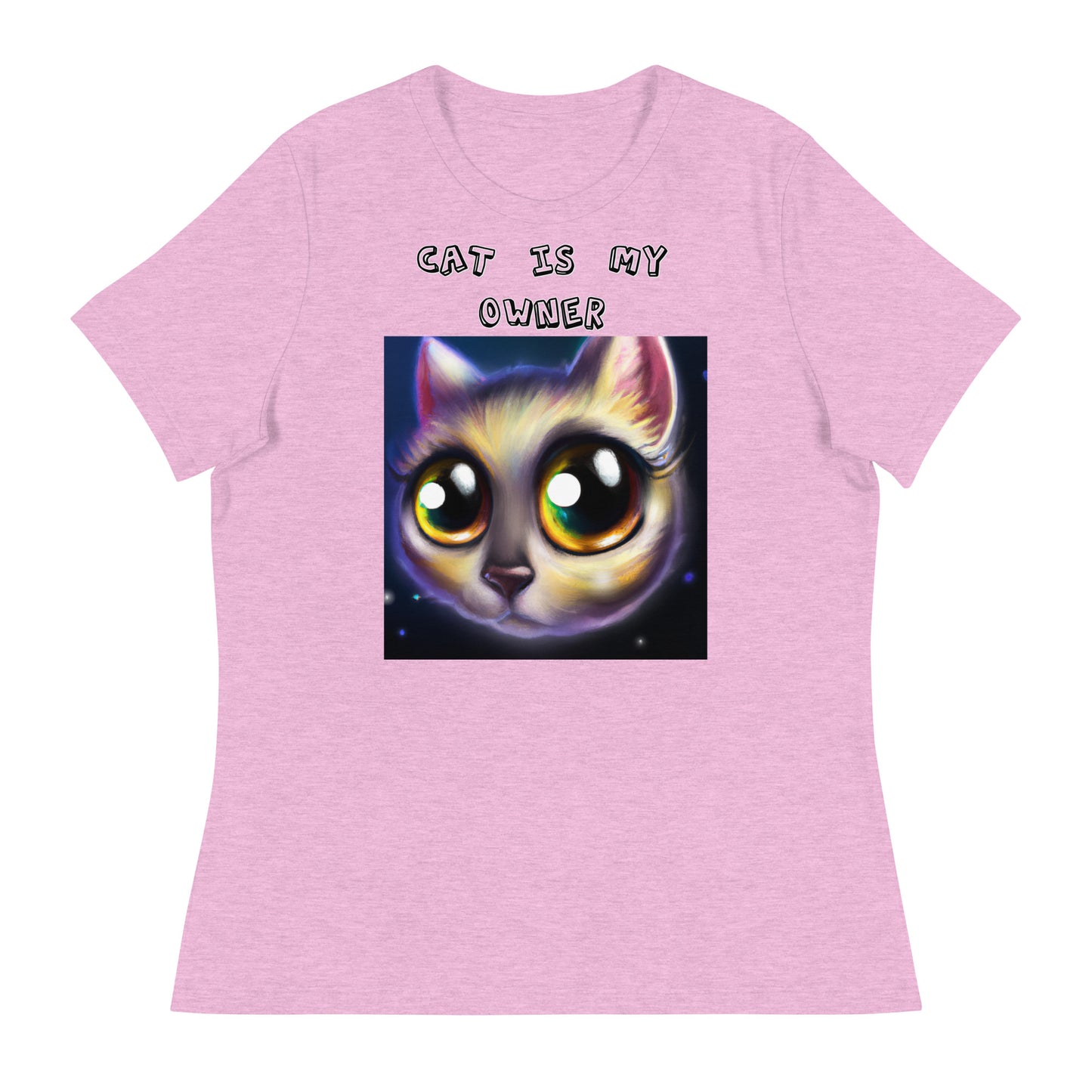 Women's White T-Shirt with Kitten With Cute Sad Eyes with a text "Cat Is My Owner" at $25.97 found at Personalizedpetlovergifts