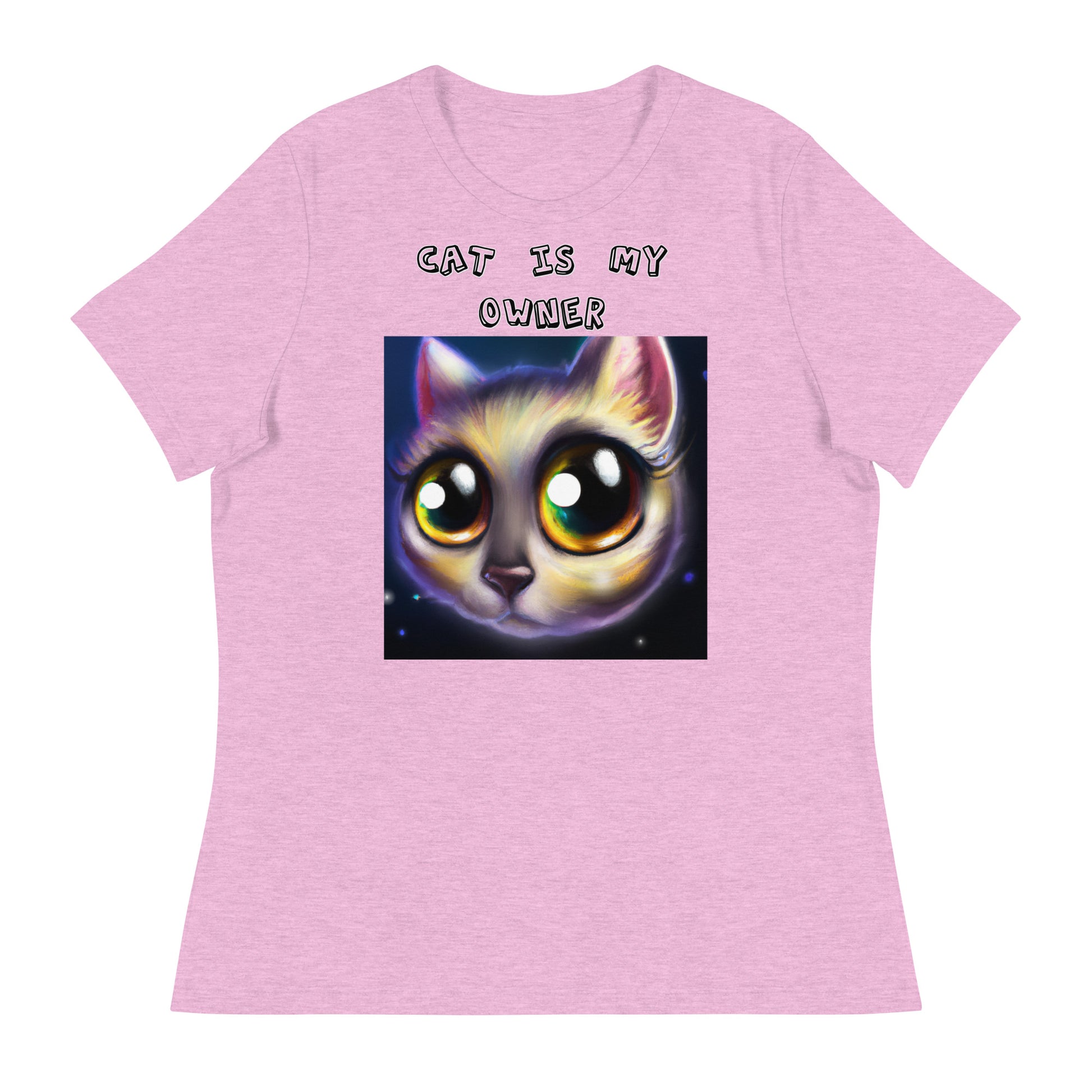 Women's White T-Shirt with Kitten With Cute Sad Eyes with a text "Cat Is My Owner" at $25.97 found at Personalizedpetlovergifts