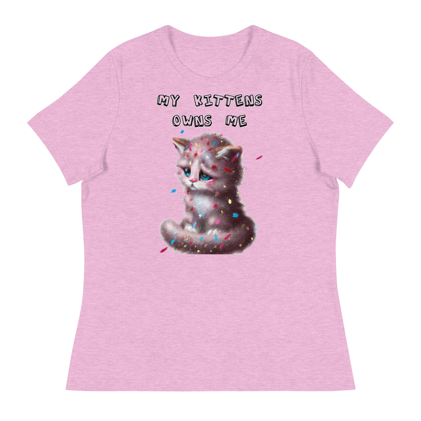 Women's White T-Shirt with Sad Kitten With Confetti with a text "My Kittens Own Me" at $25.97 found at Personalizedpetlovergifts