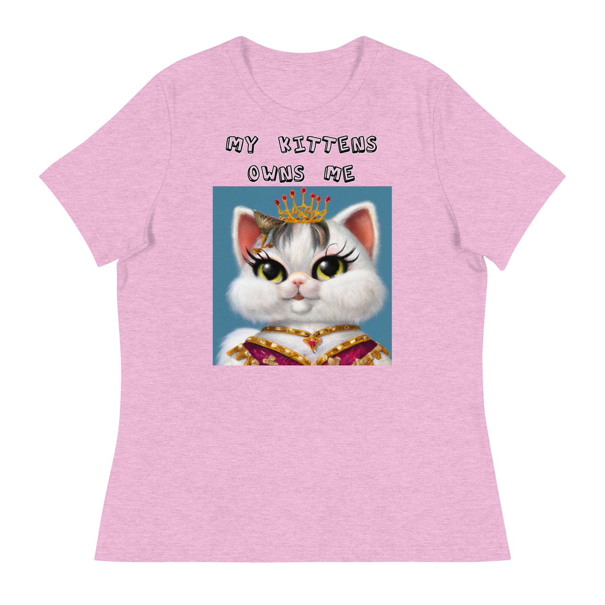 Women's White T-Shirt with Pretty Queen Cat with a text "My Kittens Own Me" at $25.97 found at Personalizedpetlovergifts