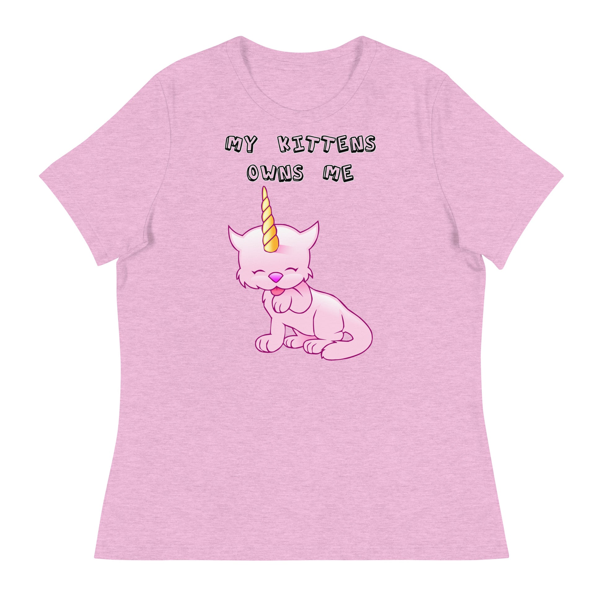 Women's White T-Shirt with Pink Unicorn Cat Licking Its Paw with a text "My Kittens Own Me" at $25.97 found at Personalizedpetlovergifts