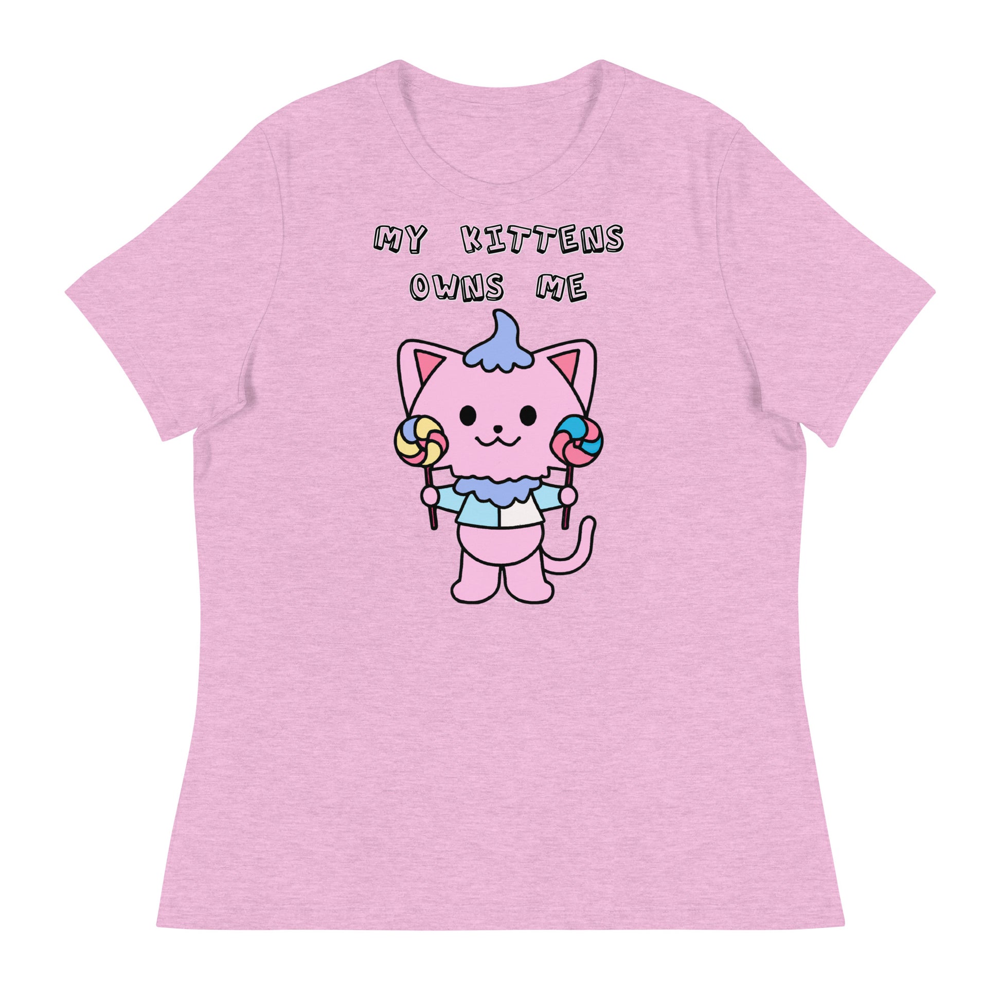 Women's White T-Shirt with Pink Kitten With Lollipops with a text "My Kittens Own Me" at $25.97 found at Personalizedpetlovergifts