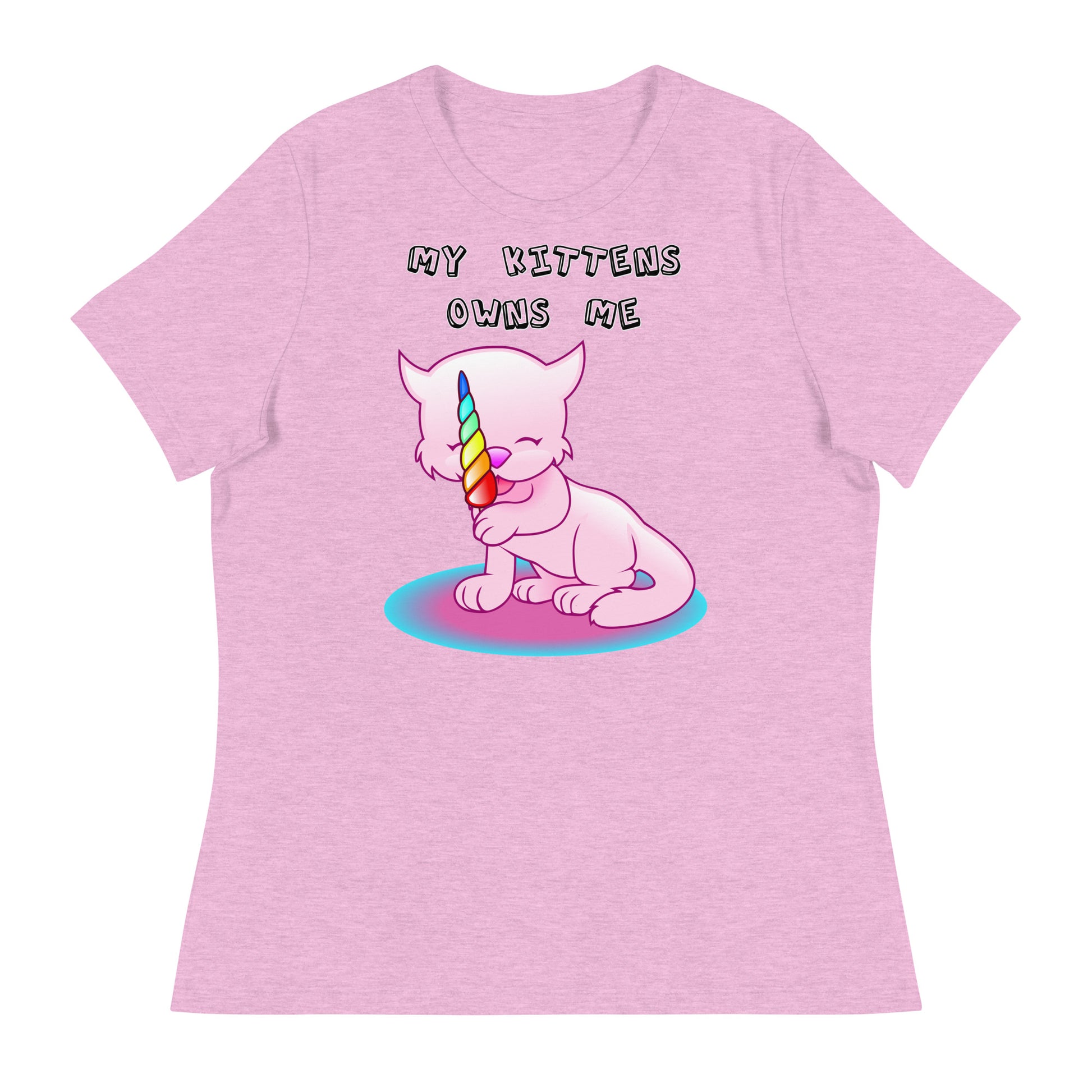 Women's White T-Shirt with Pink Kitten Licking Candy with a text "My Kittens Own Me" at $25.97 found at Personalizedpetlovergifts