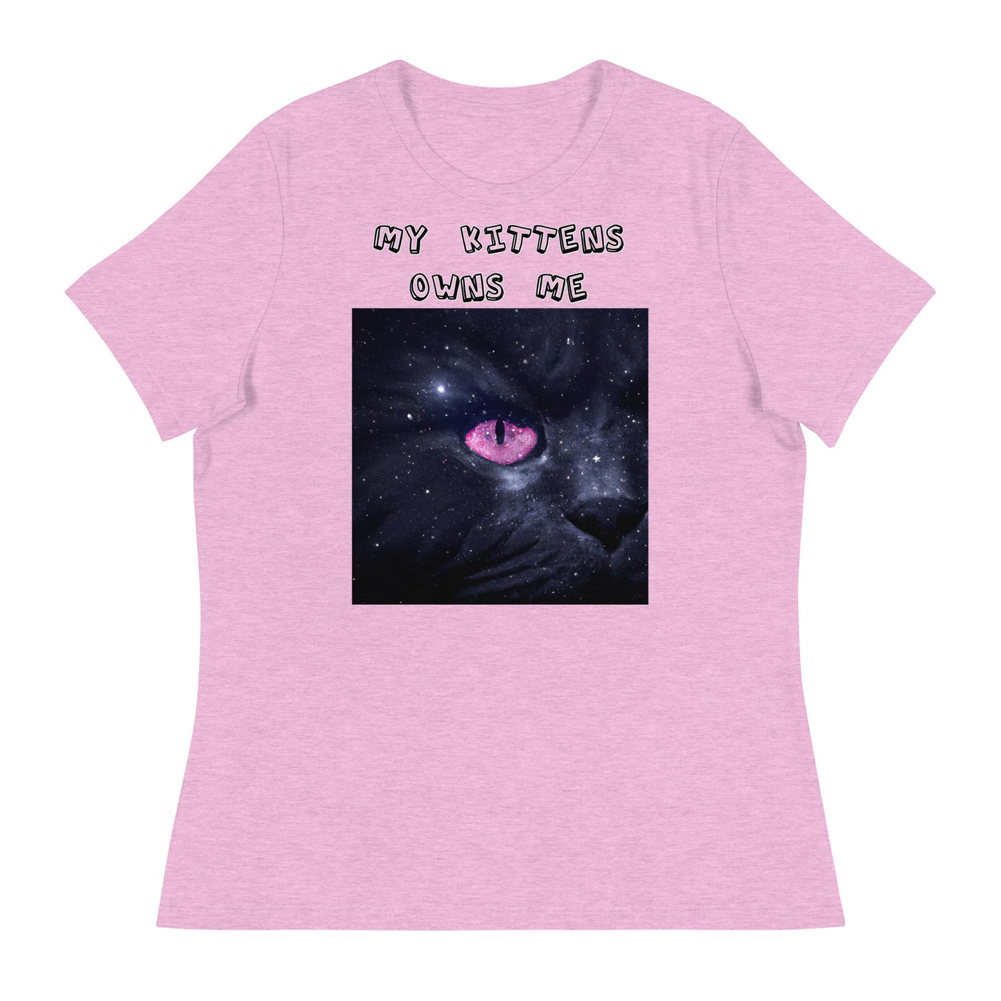 Women's White T-Shirt with Pink Galaxy Eyed Cat with a text "My Kittens Own Me" at $25.97 found at Personalizedpetlovergifts