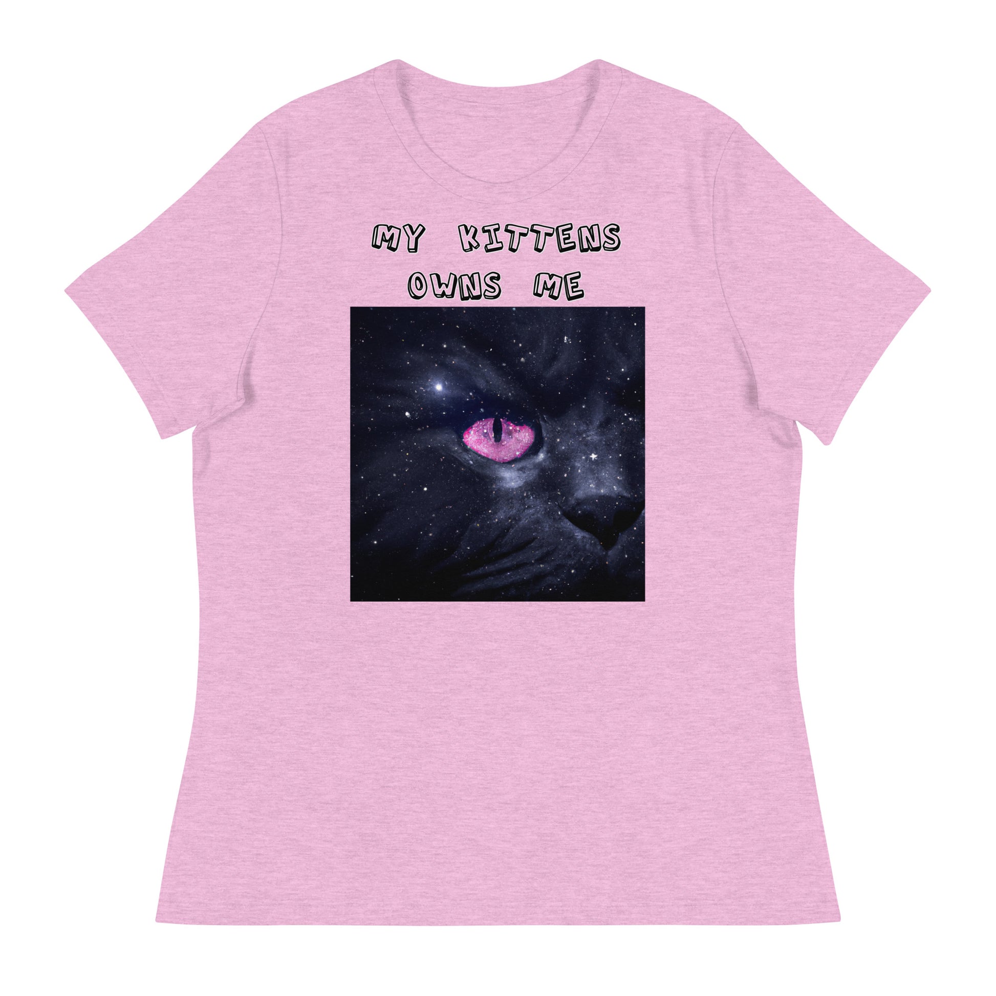 Women's White T-Shirt with Pink Galaxy Eyed Cat with a text "My Kittens Own Me" at $25.97 found at Personalizedpetlovergifts