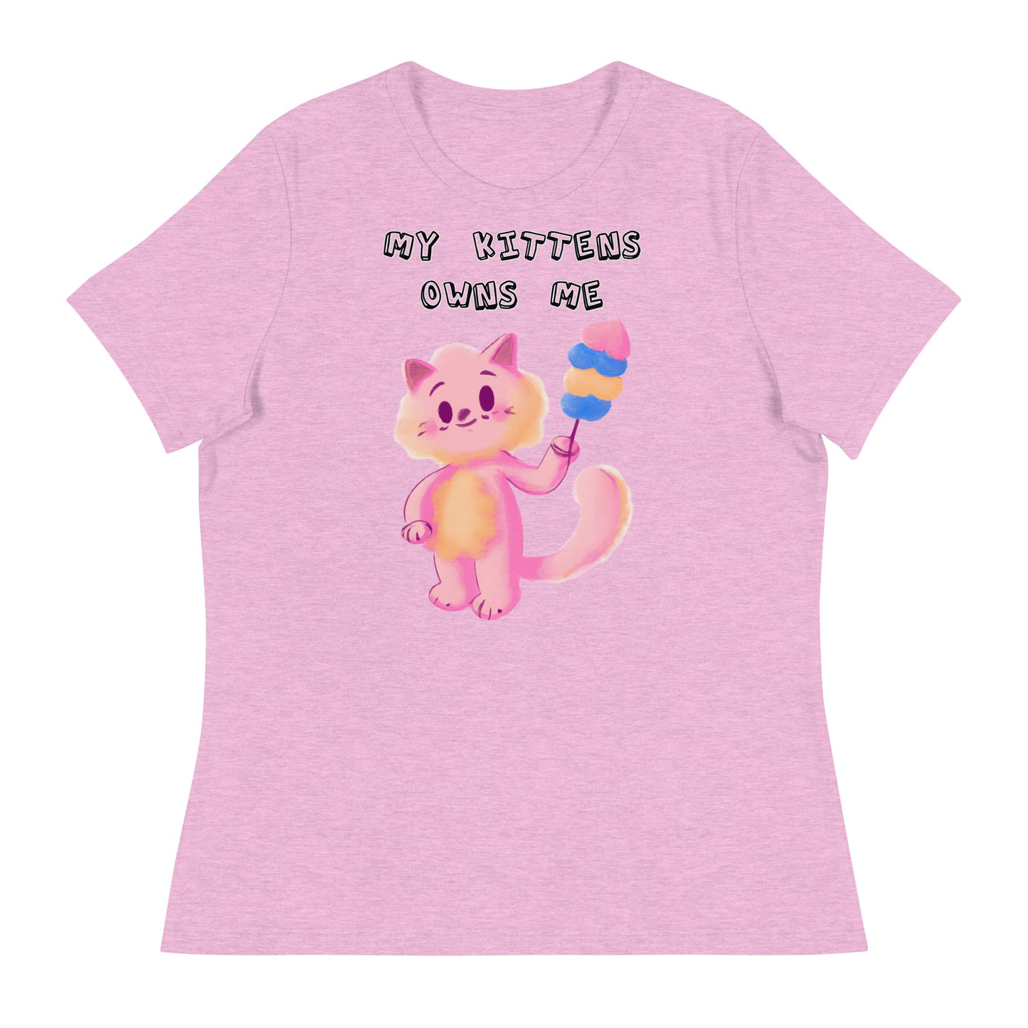 Women's White T-Shirt with Pink Cat With Cotton Candy with a text "My Kittens Own Me" at $25.97 found at Personalizedpetlovergifts