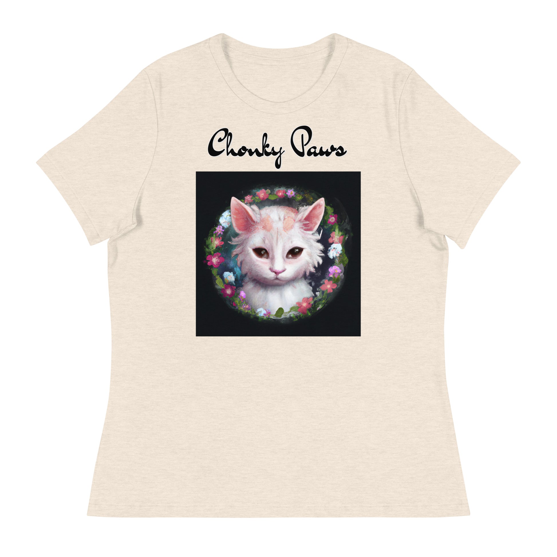 Women's T-Shirt with Kitten In a Floral Circle with a text "Chonky Paws" at $25.97 found at Personalizedpetlovergifts