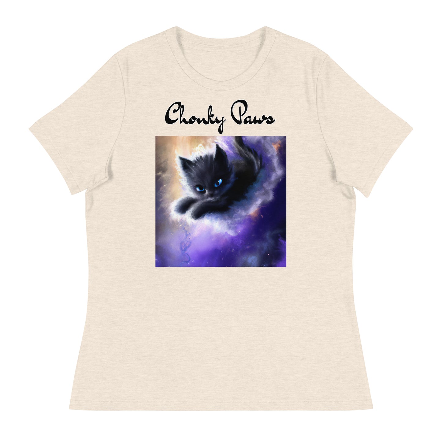 Women's T-Shirt with Kitten In A Cosmic Cloud with a text "Chonky Paws" at $25.97 found at Personalizedpetlovergifts