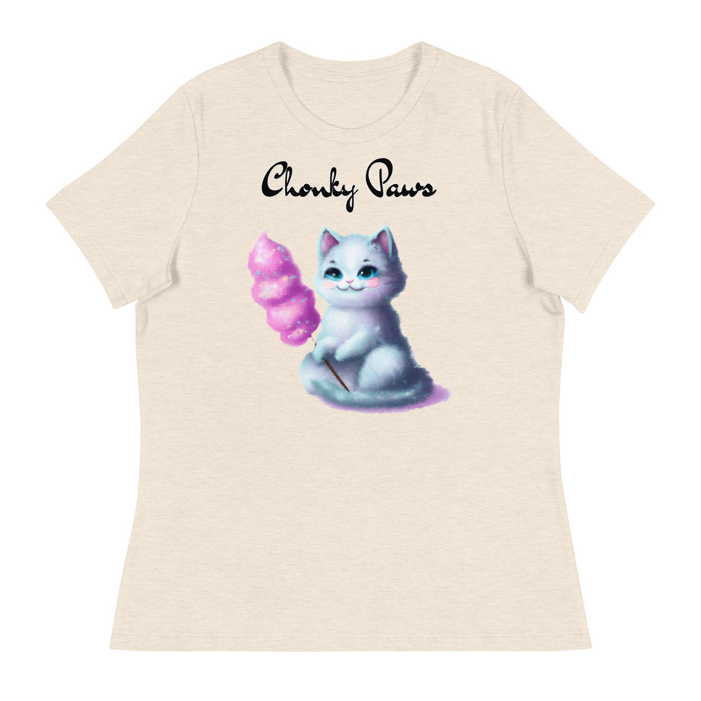 Women's T-Shirt with Kitten Holding A Cotton Candy with a text "Chonky Paws" at $25.97 found at Personalizedpetlovergifts