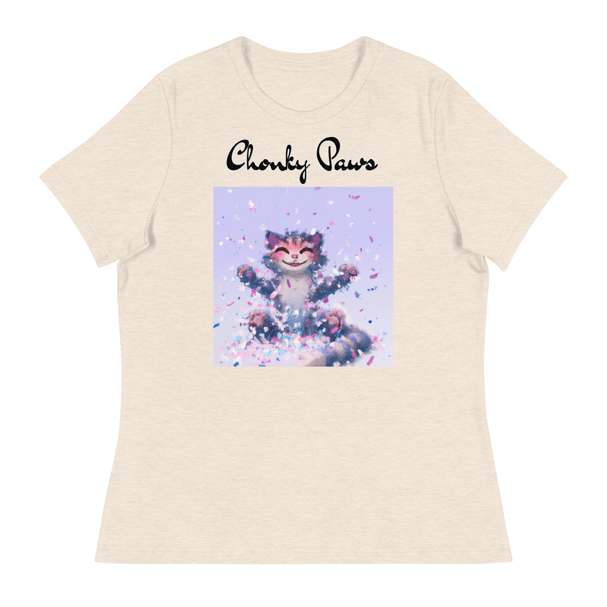 Women's T-Shirt with Kitten Enjoying Confetti with a text "Chonky Paws" at $25.97 found at Personalizedpetlovergifts