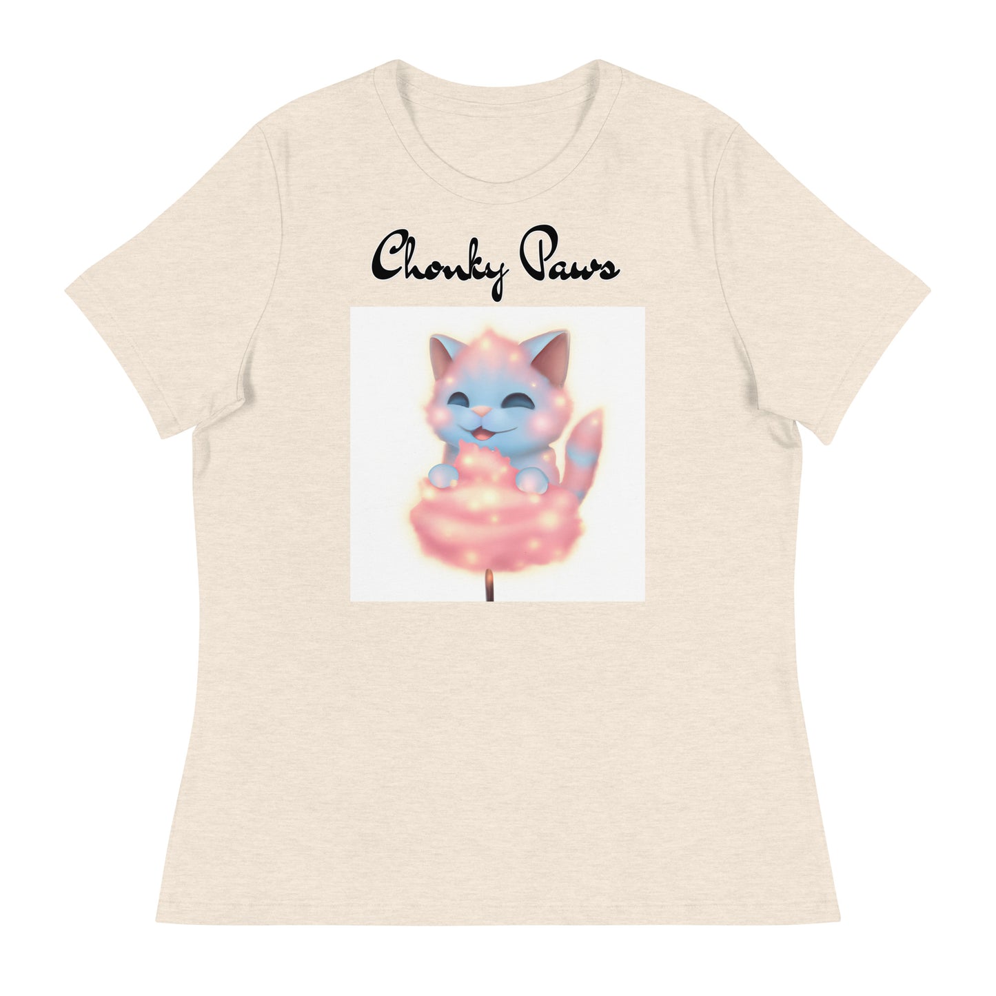 Women's T-Shirt with Kitten Enjoying a Cotton Candy with a text "Chonky Paws" at $25.97 found at Personalizedpetlovergifts