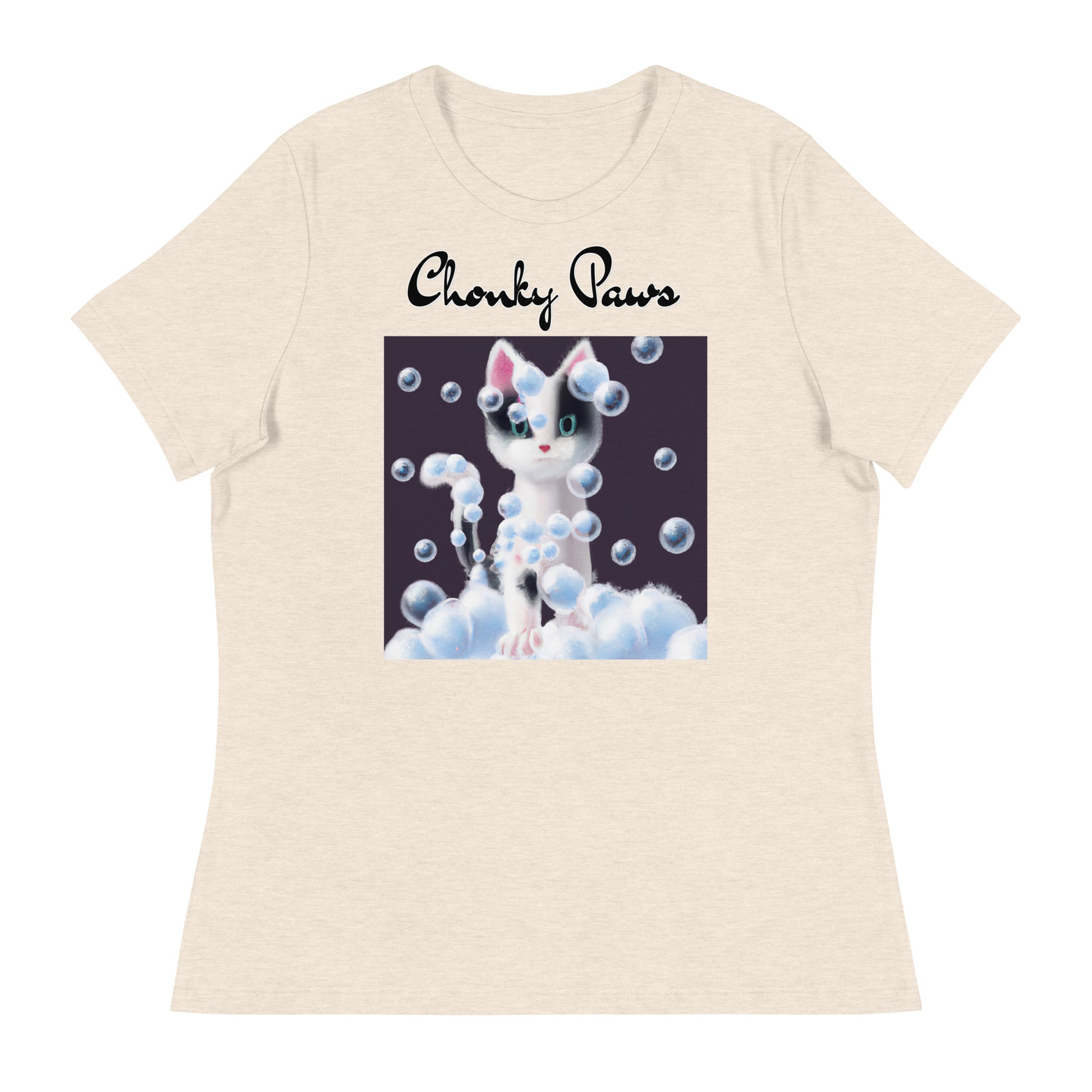 Women's T-Shirt with Kitten Covered In Bubbles with a text "Chonky Paws" at $25.97 found at Personalizedpetlovergifts