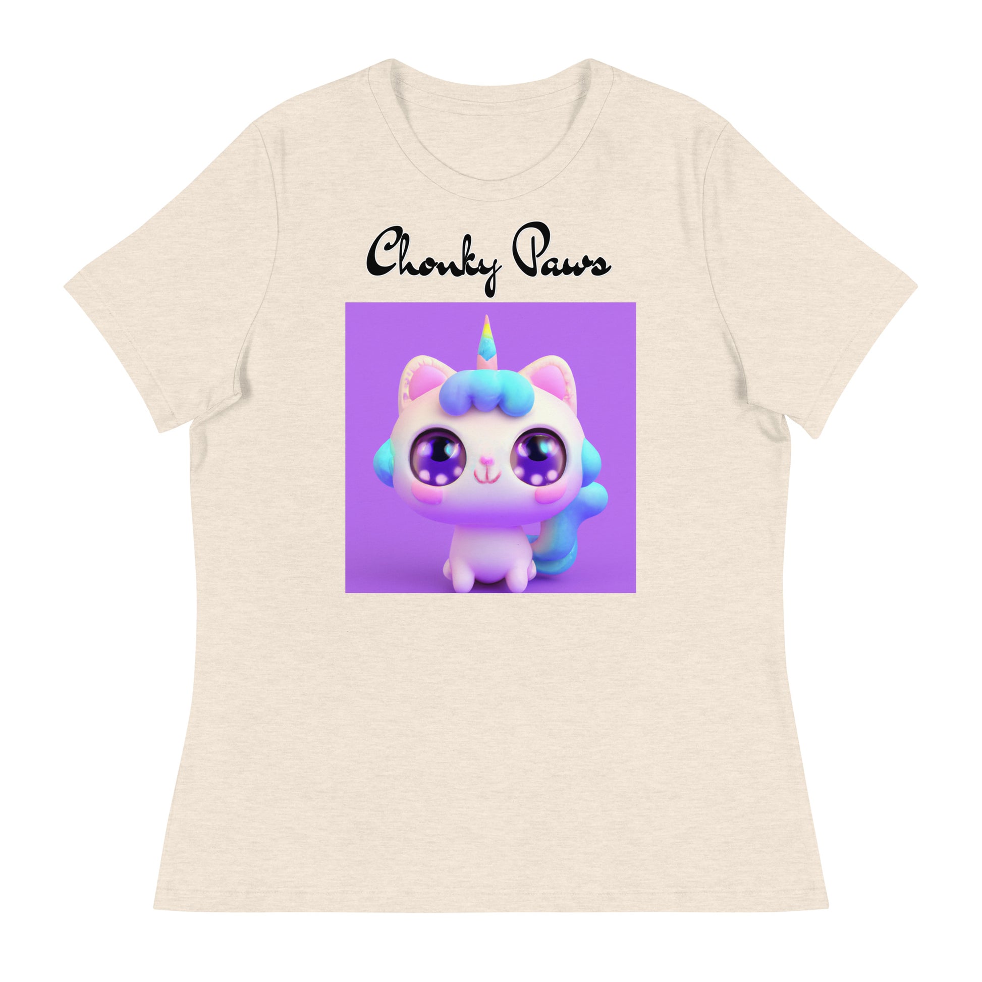 Women's T-Shirt with Happy Unicorn Kitten with a text "Chonky Paws" at $25.97 found at Personalizedpetlovergifts