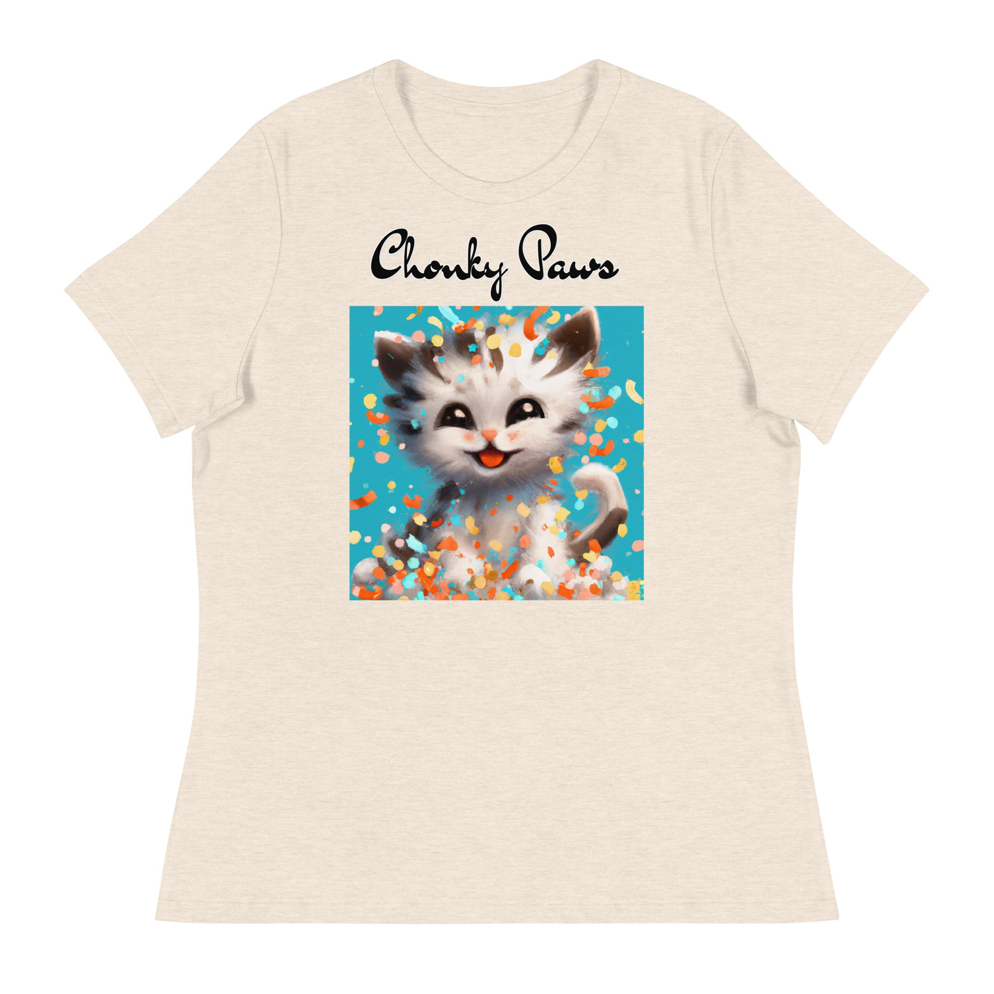 Women's T-Shirt with Happy Kitten With Confetti with a text "Chonky Paws" at $25.97 found at Personalizedpetlovergifts