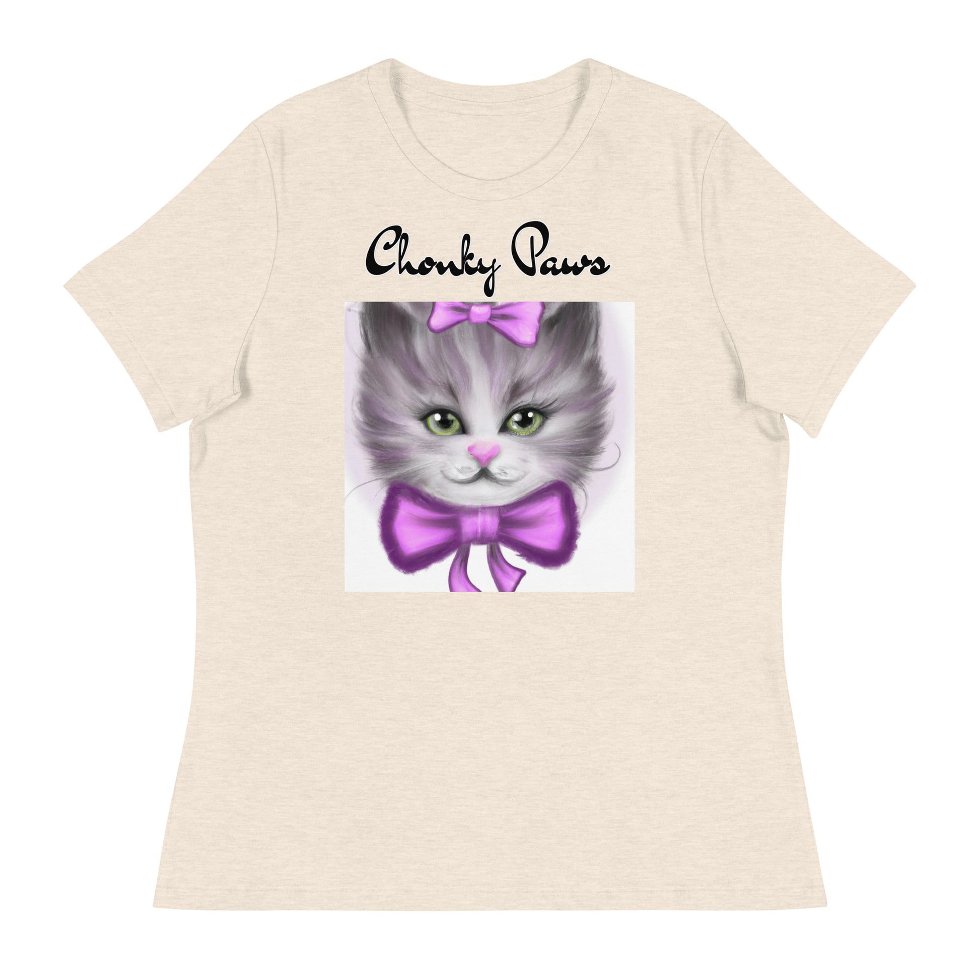 Women's T-Shirt with Happy Kitten With a Purple Bow with a text "Chonky Paws" at $25.97 found at Personalizedpetlovergifts