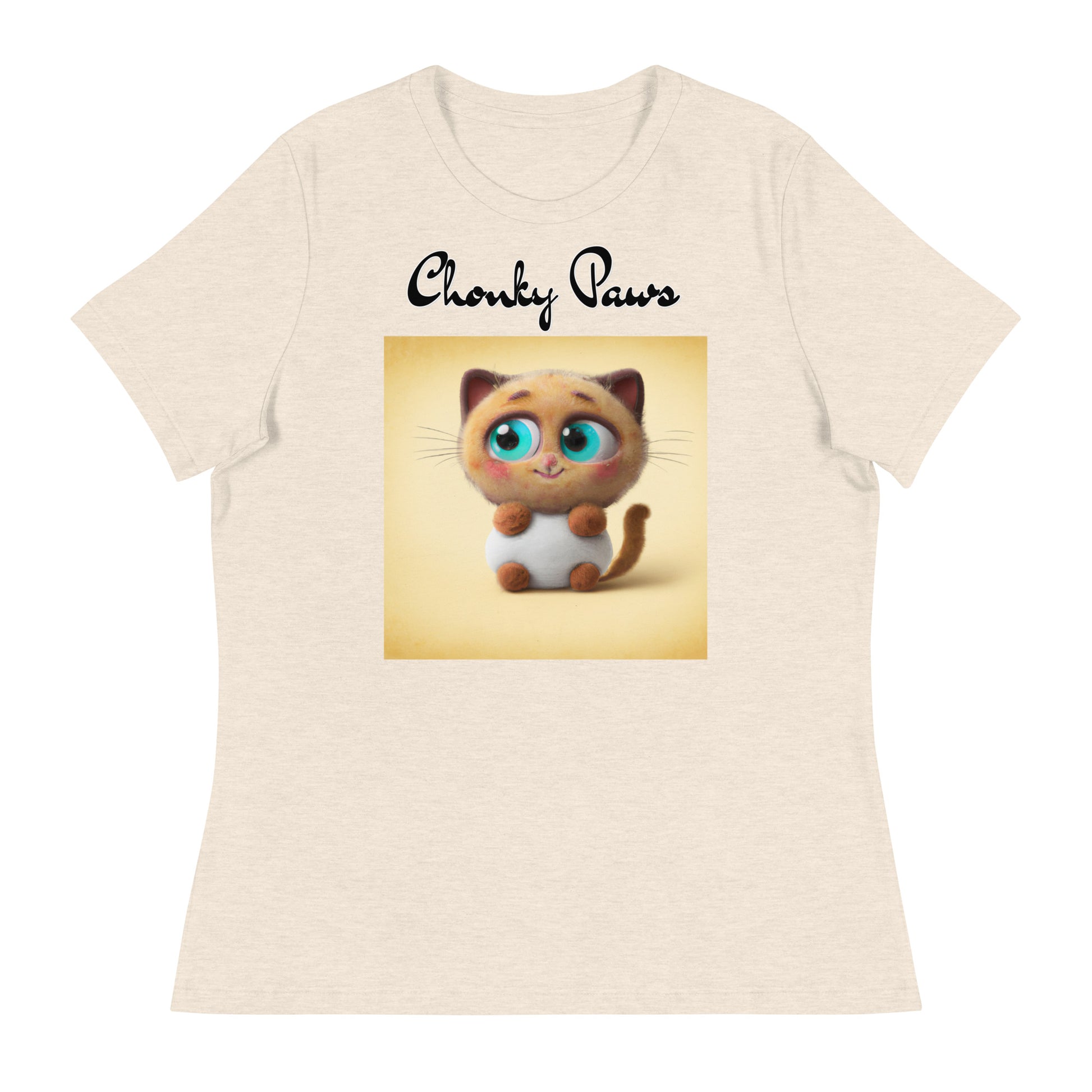 Women's T-Shirt with Happy Fluffy Kitten with a text "Chonky Paws" at $25.97 found at Personalizedpetlovergifts