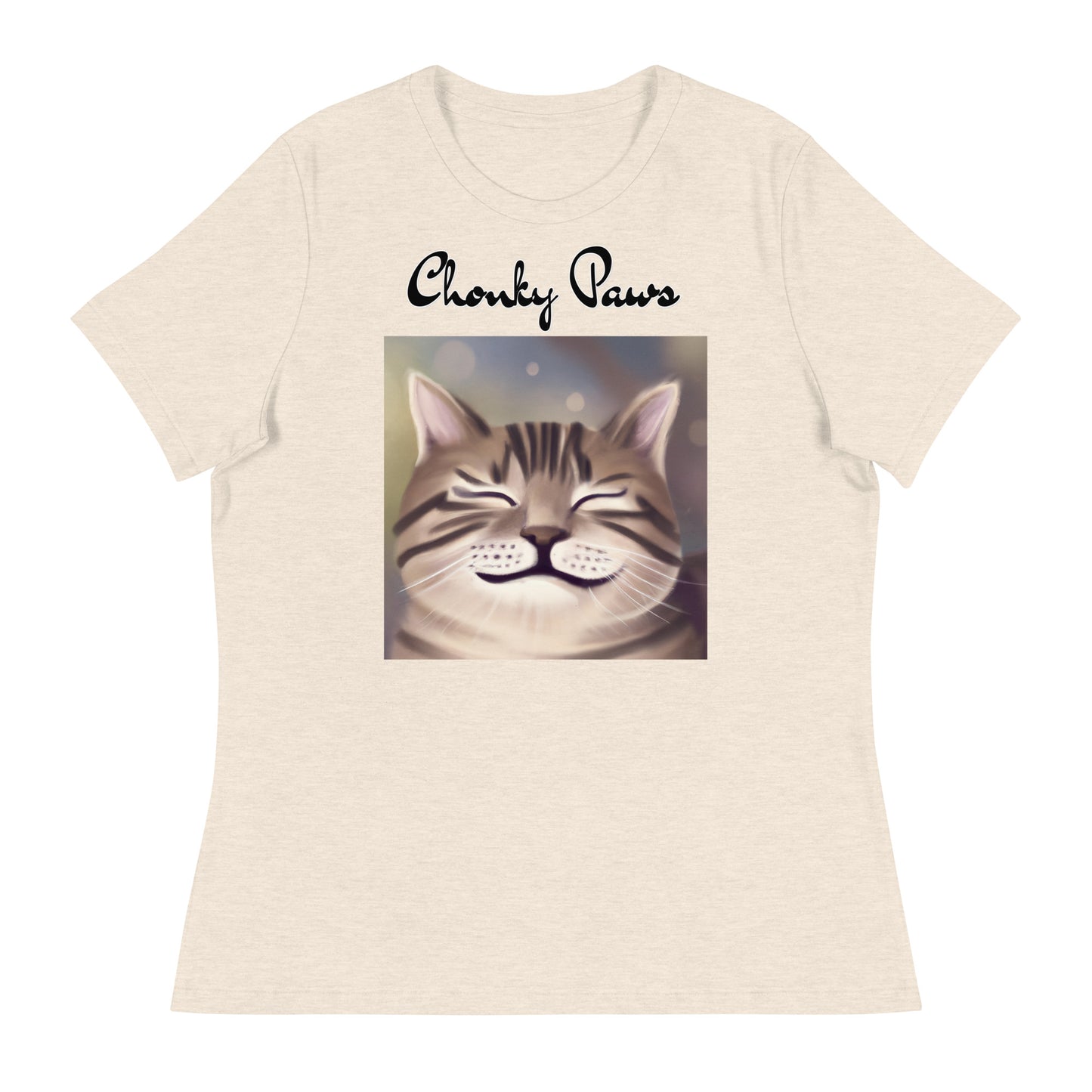 Women's T-Shirt with Happy Cat Purring with a text "Chonky Paws" at $25.97 found at Personalizedpetlovergifts