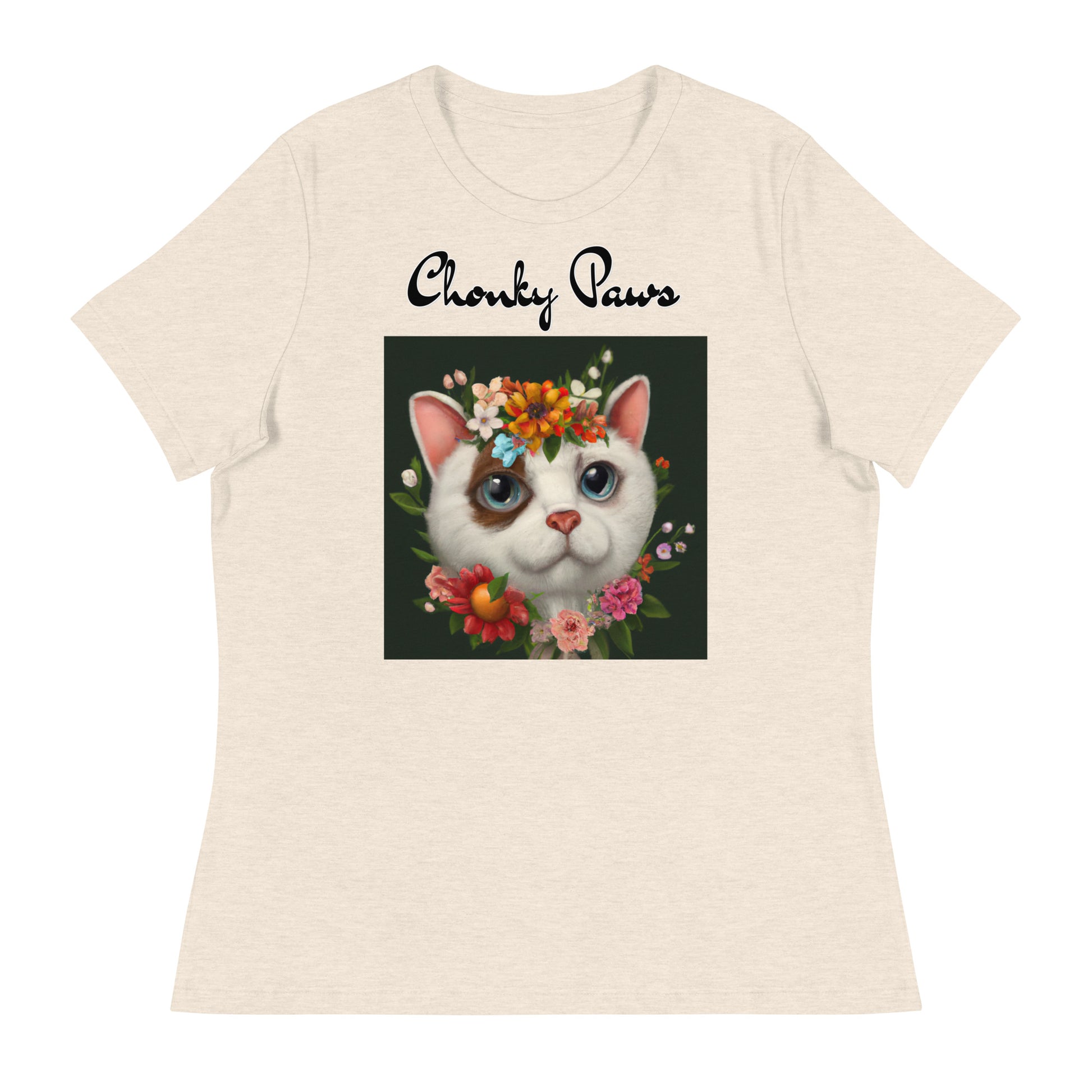 Women's T-Shirt with Happy Cat Portrait With Flowers with a text "Chonky Paws" at $25.97 found at Personalizedpetlovergifts