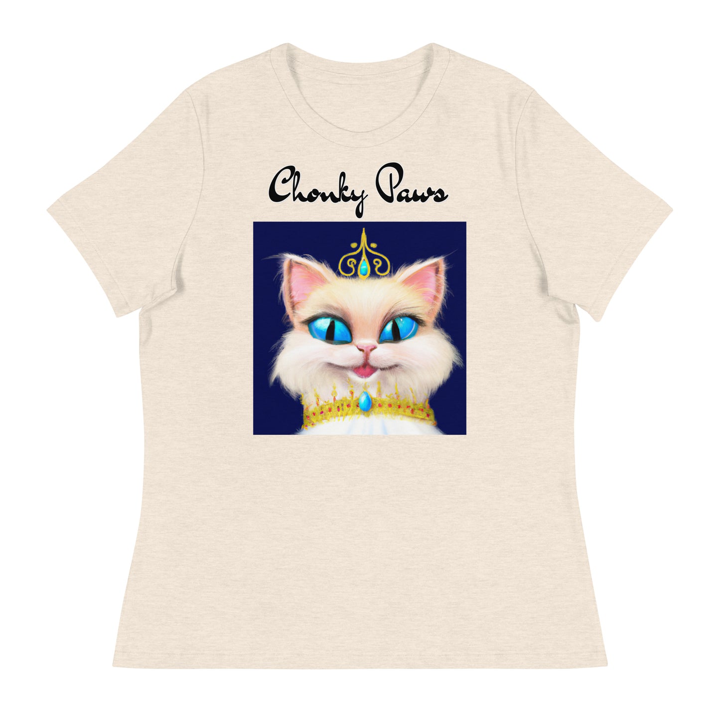 Women's T-Shirt with Happy Blue Eyed Kitten Princess with a text "Chonky Paws" at $25.97 found at Personalizedpetlovergifts