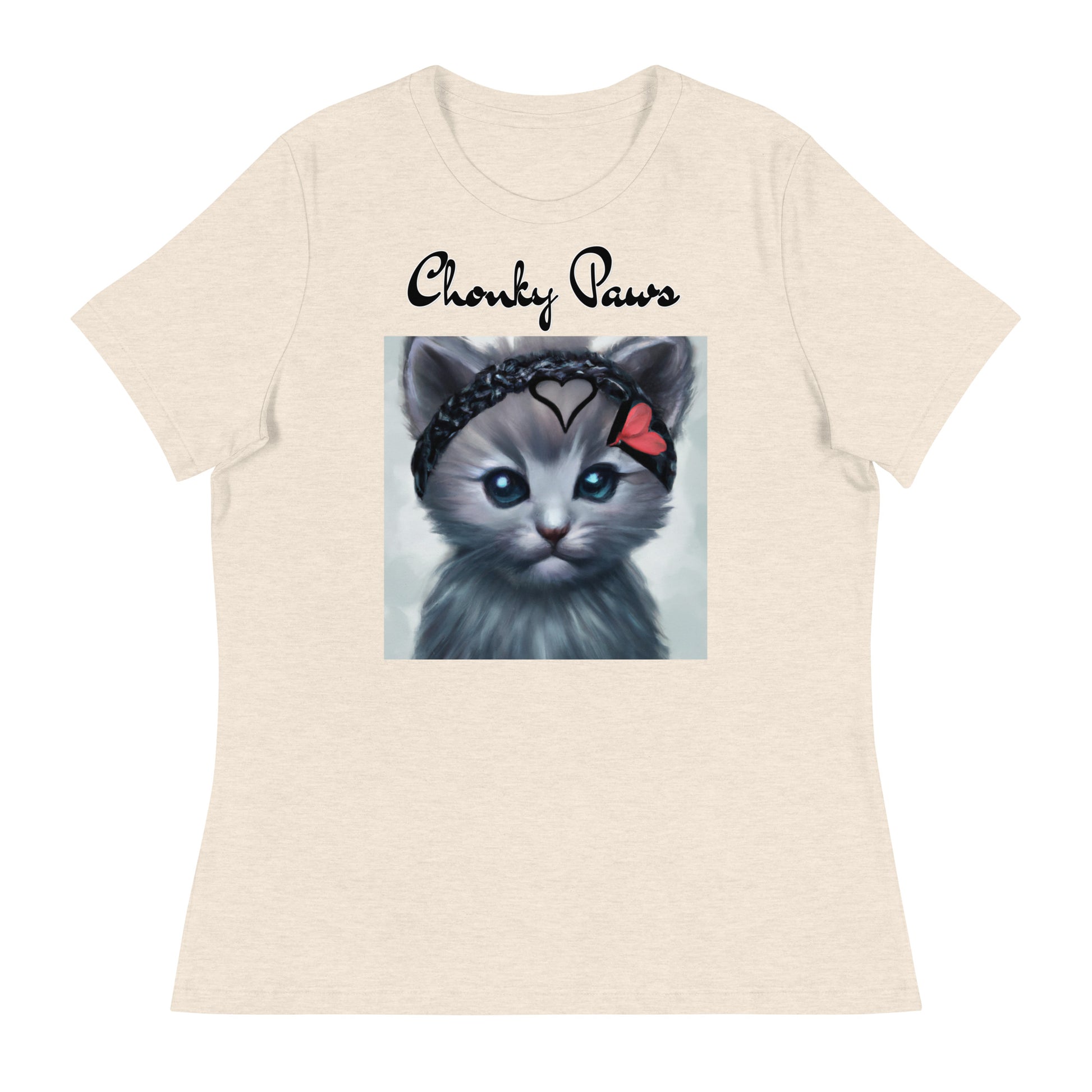 Women's T-Shirt with Grey Kitten With a Headband with a text "Chonky Paws" at $25.97 found at Personalizedpetlovergifts