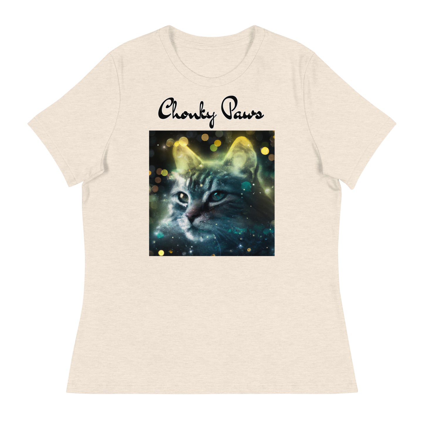 Women's T-Shirt with Green Space Cat with a text "Chonky Paws" at $25.97 found at Personalizedpetlovergifts