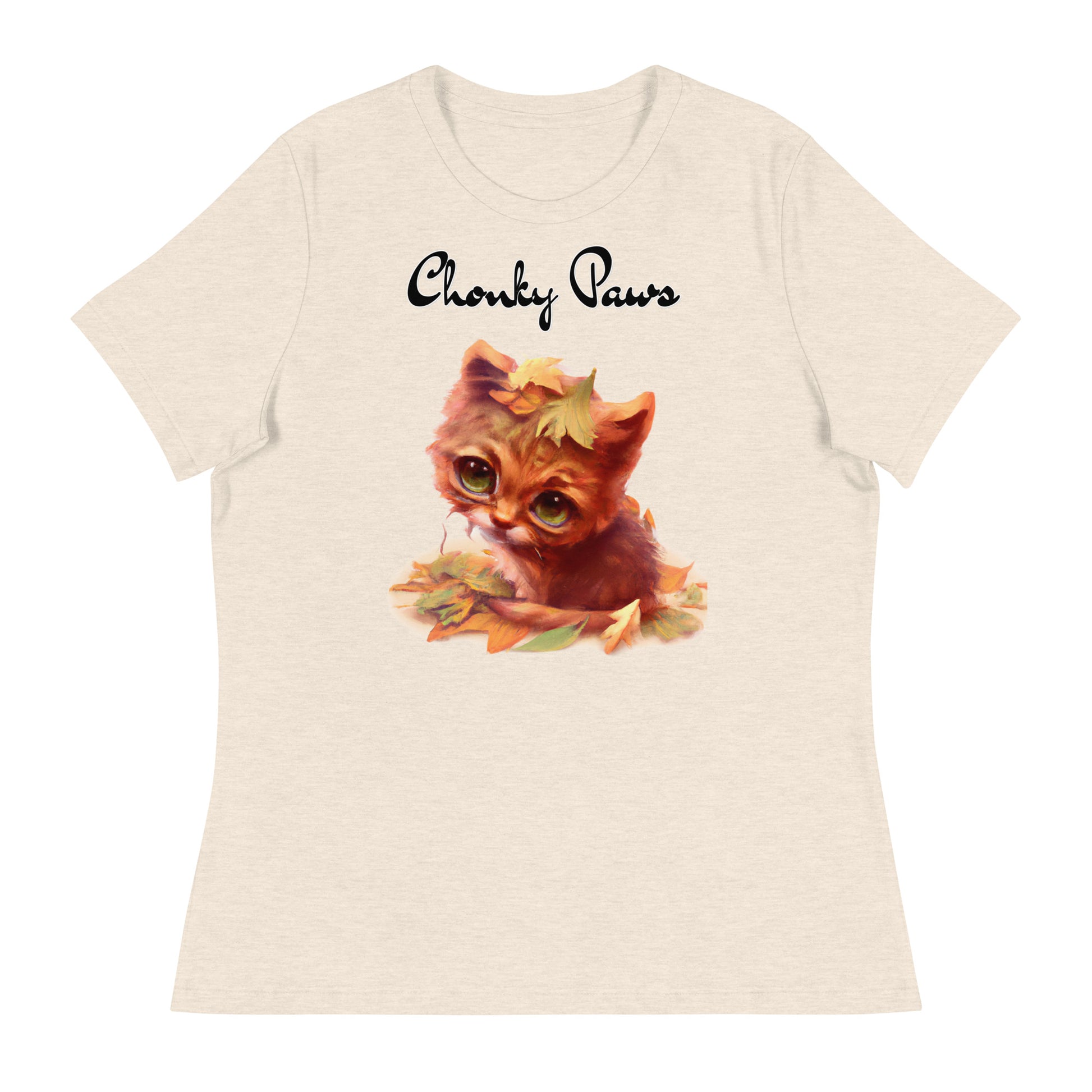 Women's T-Shirt with Ginger Cat With Autumn Leaves with a text "Chonky Paws" at $25.97 found at Personalizedpetlovergifts