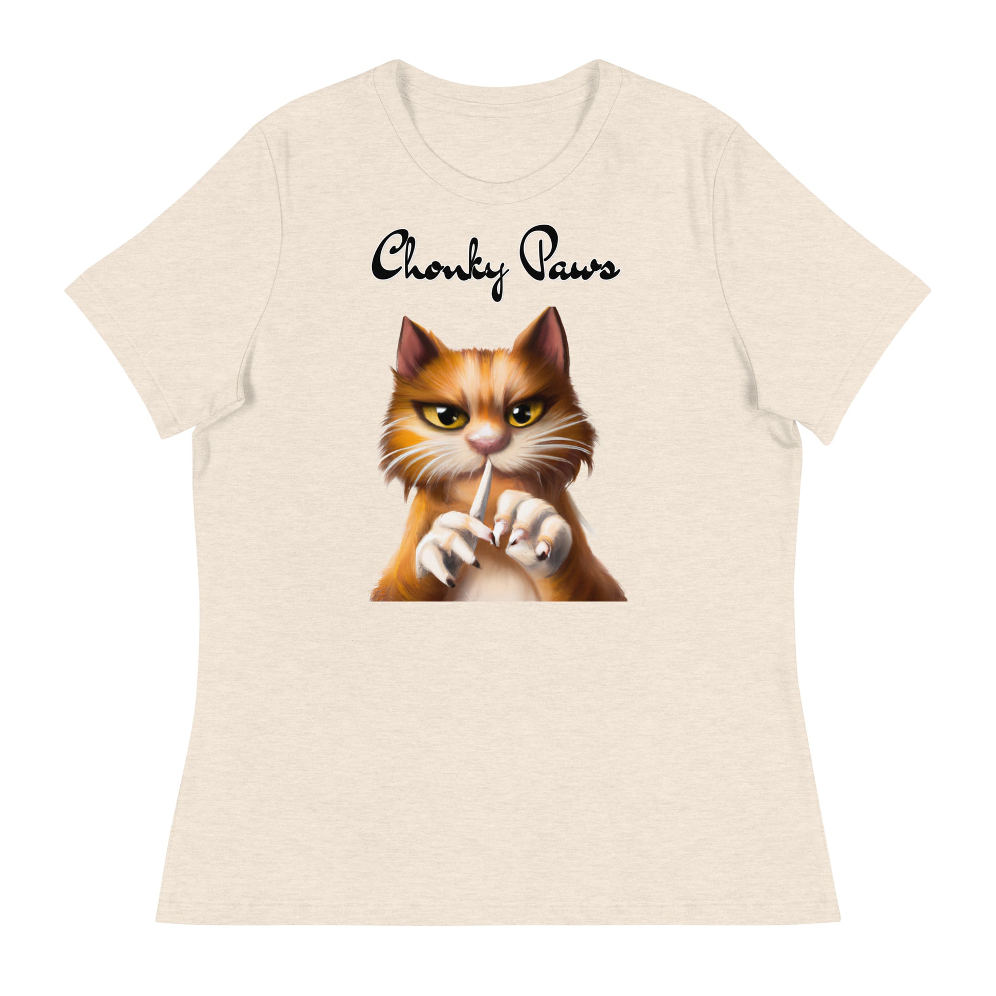 Women's T-Shirt with Ginger Cat Filing Its Nails with a text "Chonky Paws" at $25.97 found at Personalizedpetlovergifts