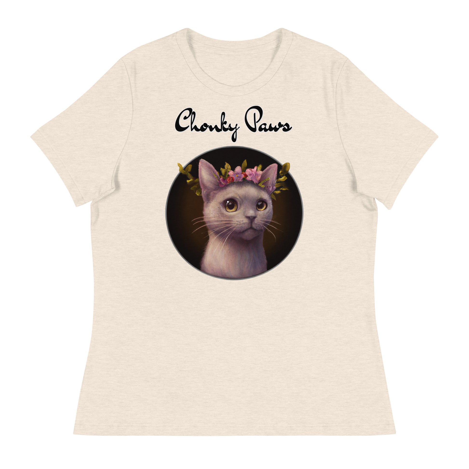 Women's T-Shirt with Gentle Cat With Pink Floral Headpiece with a text "Chonky Paws" at $25.97 found at Personalizedpetlovergifts