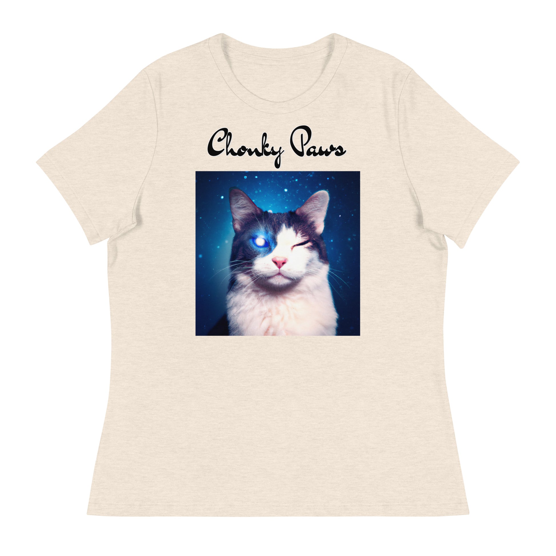 Women's T-Shirt with Galaxy Eyed Cat with a text "Chonky Paws" at $25.97 found at Personalizedpetlovergifts