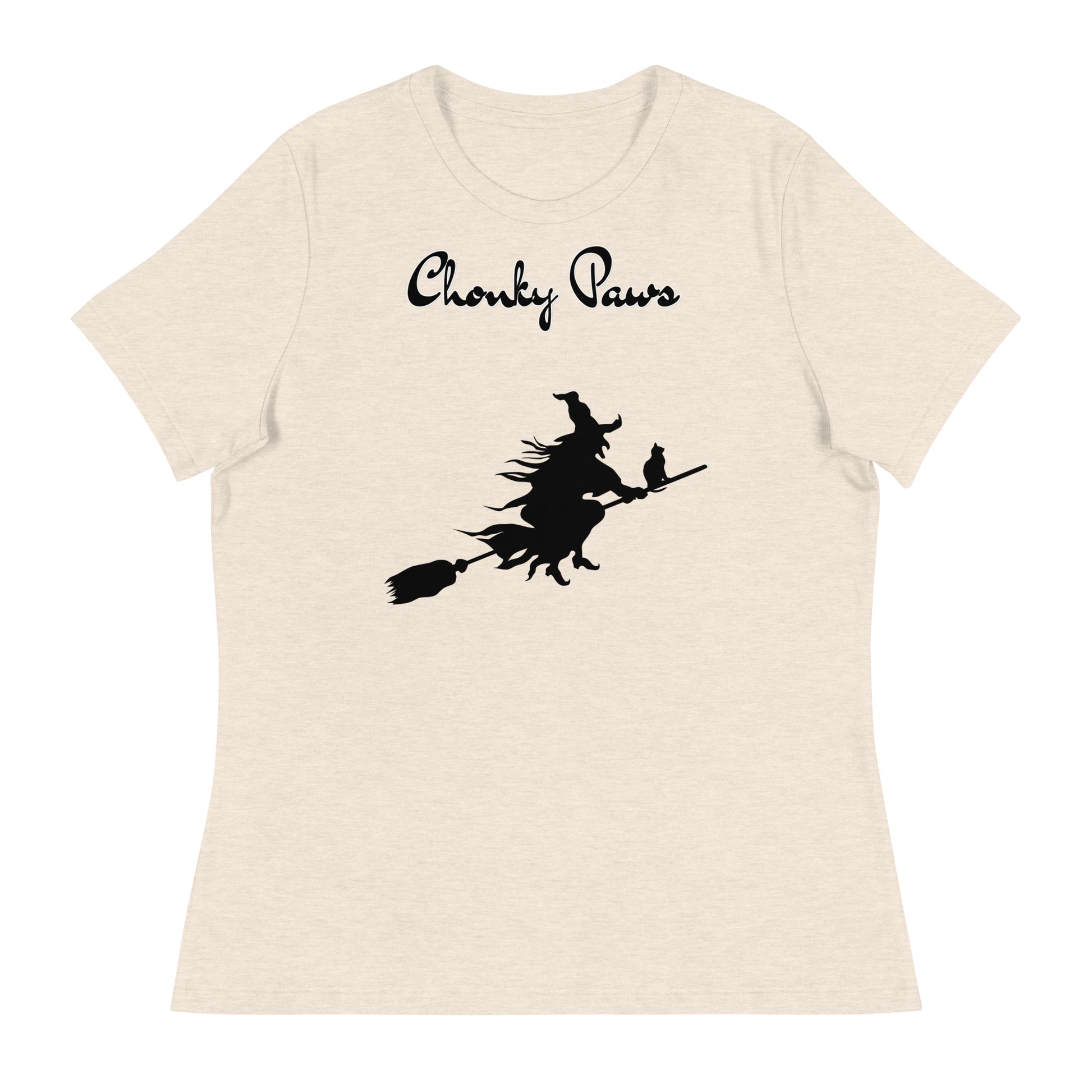 Women's T-Shirt with Flying Witch With Cat On a Broom with a text "Chonky Paws" at $25.97 found at Personalizedpetlovergifts