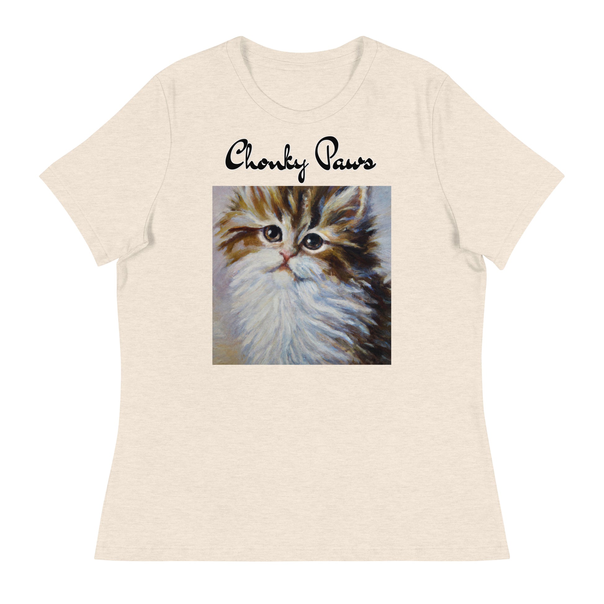 Women's T-Shirt with Fluffy Wispy Kitten Oil Painting with a text "Chonky Paws" at $25.97 found at Personalizedpetlovergifts