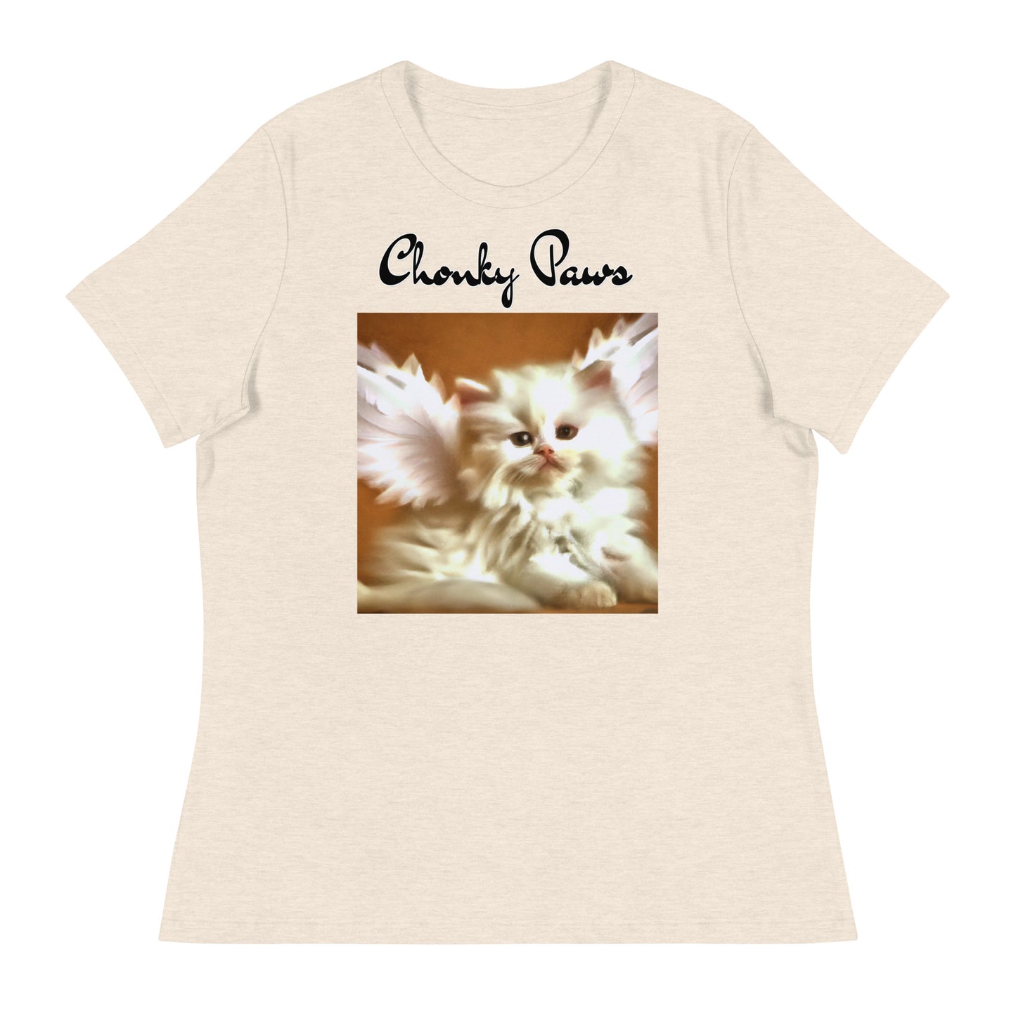 Women's T-Shirt with Fluffy White Kitten With Angel Wings with a text "Chonky Paws" at $25.97 found at Personalizedpetlovergifts