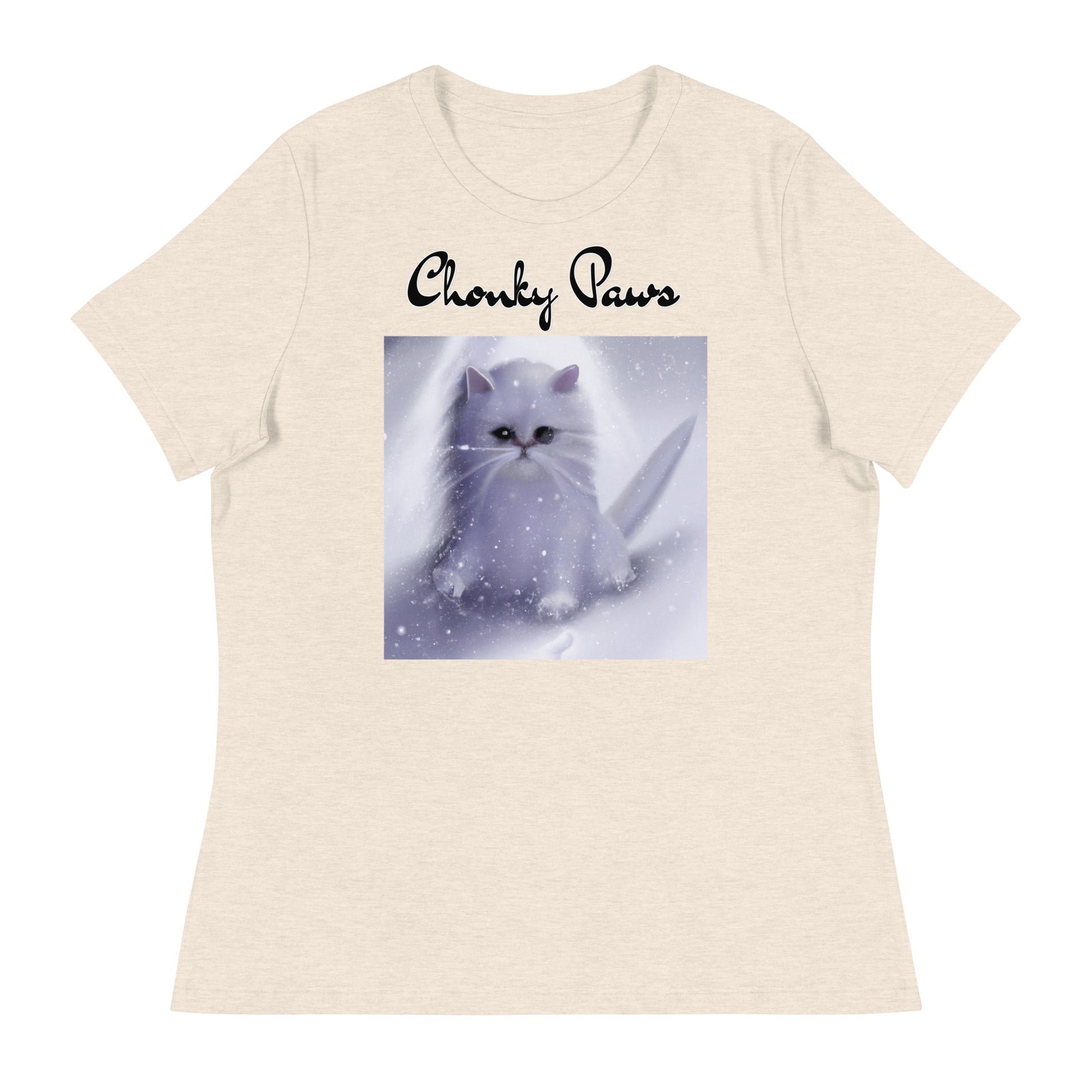 Women's T-Shirt with Fluffy White Kitten In The SNow with a text "Chonky Paws" at $25.97 found at Personalizedpetlovergifts