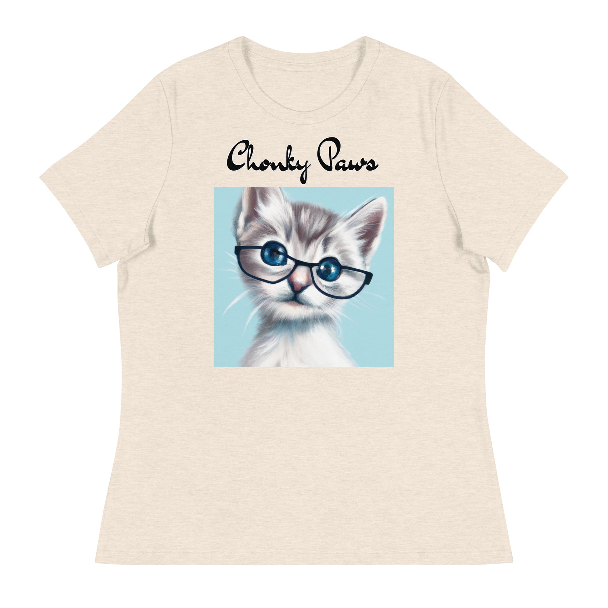 Women's T-Shirt with Fluffy Kitten With Glasses with a text "Chonky Paws" at $25.97 found at Personalizedpetlovergifts