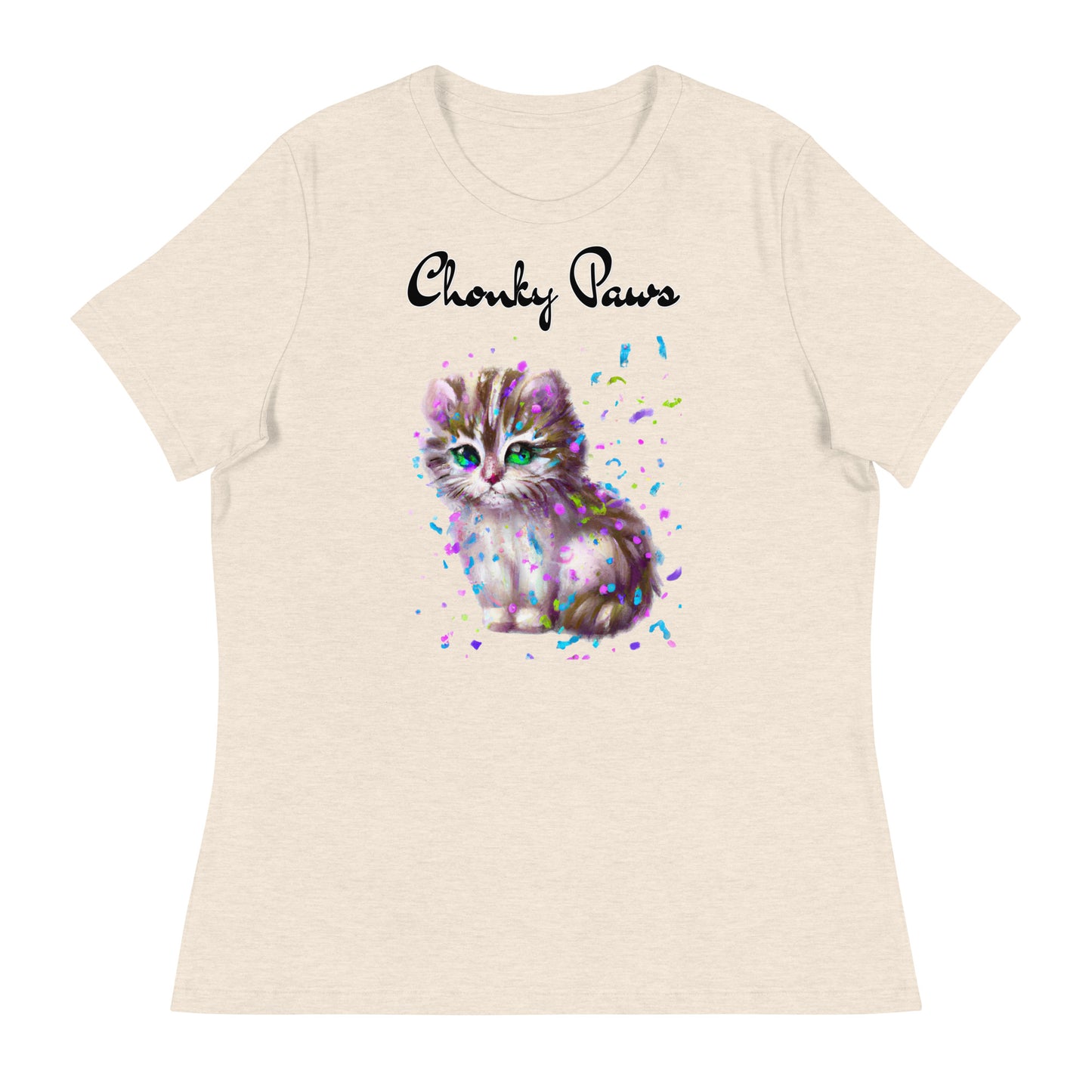 Women's T-Shirt with Fluffy Kitten With Confetti with a text "Chonky Paws" at $25.97 found at Personalizedpetlovergifts