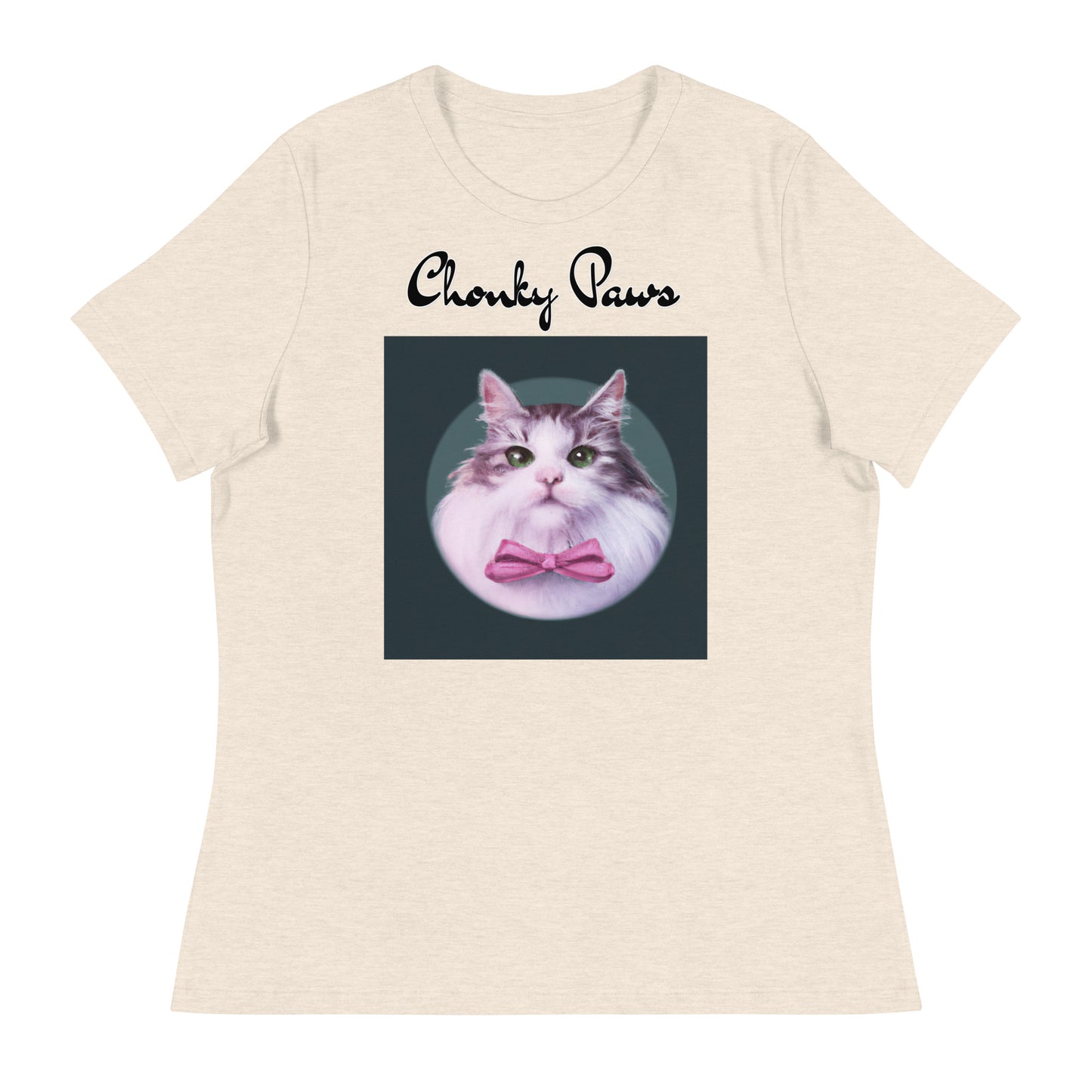 Women's T-Shirt with Fluffy Kitten With a Pink Bow with a text "Chonky Paws" at $25.97 found at Personalizedpetlovergifts