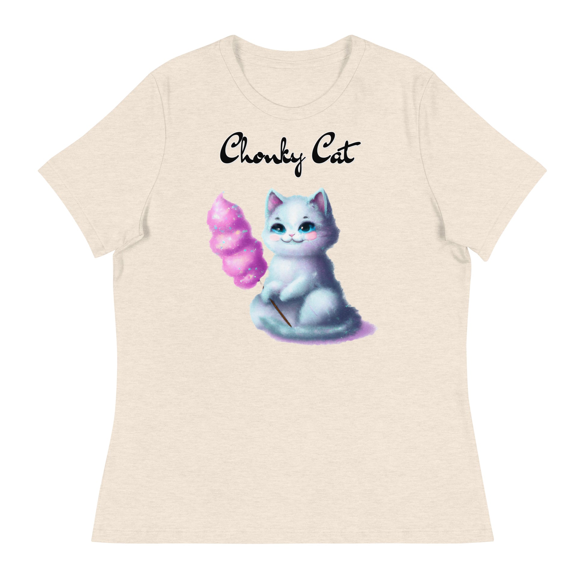 Women's T-Shirt with Kitten Holding A Cotton Candy with a text "Chonky Cat" at $25.97 found at Personalizedpetlovergifts