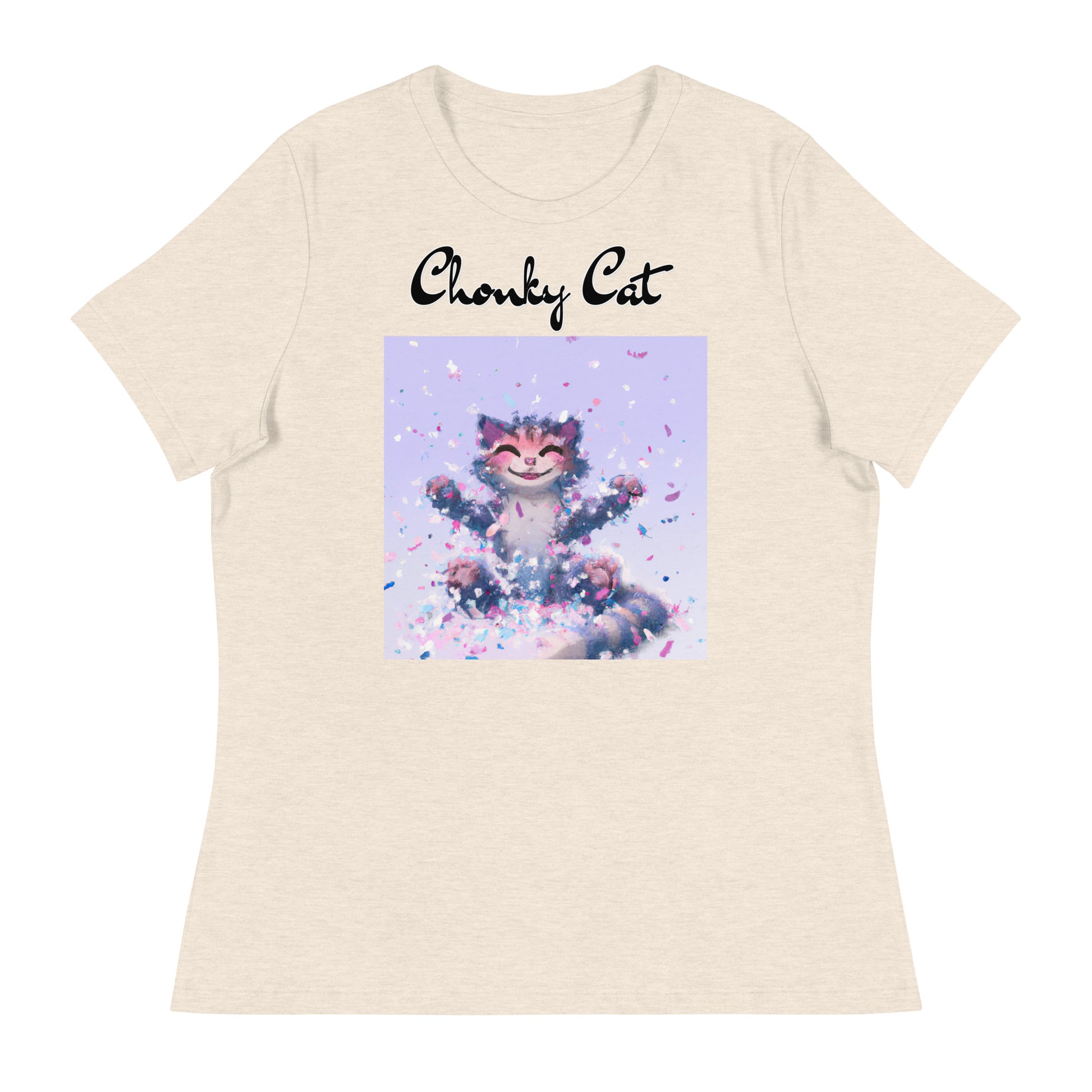 Women's T-Shirt with Kitten Enjoying Confetti with a text "Chonky Cat" at $25.97 found at Personalizedpetlovergifts