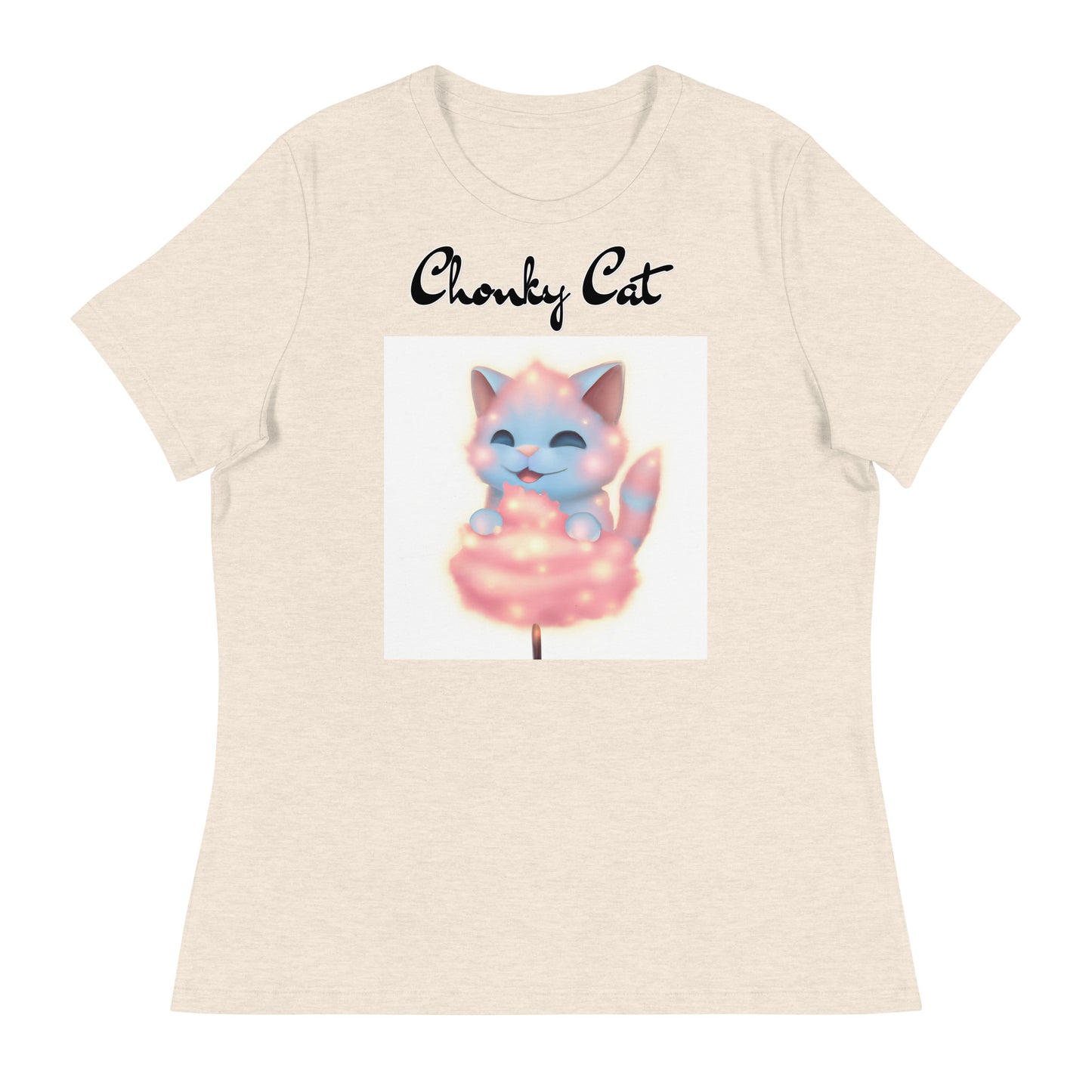 Women's T-Shirt with Kitten Enjoying a Cotton Candy with a text "Chonky Cat" at $25.97 found at Personalizedpetlovergifts