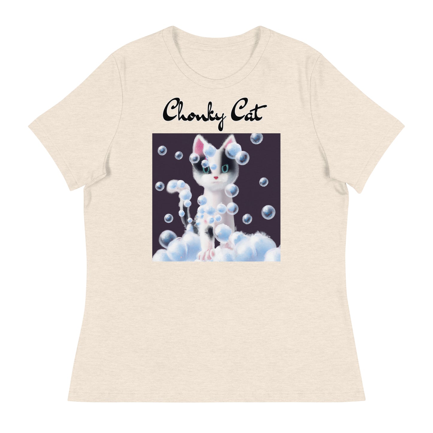 Women's T-Shirt with Kitten Covered In Bubbles with a text "Chonky Cat" at $25.97 found at Personalizedpetlovergifts