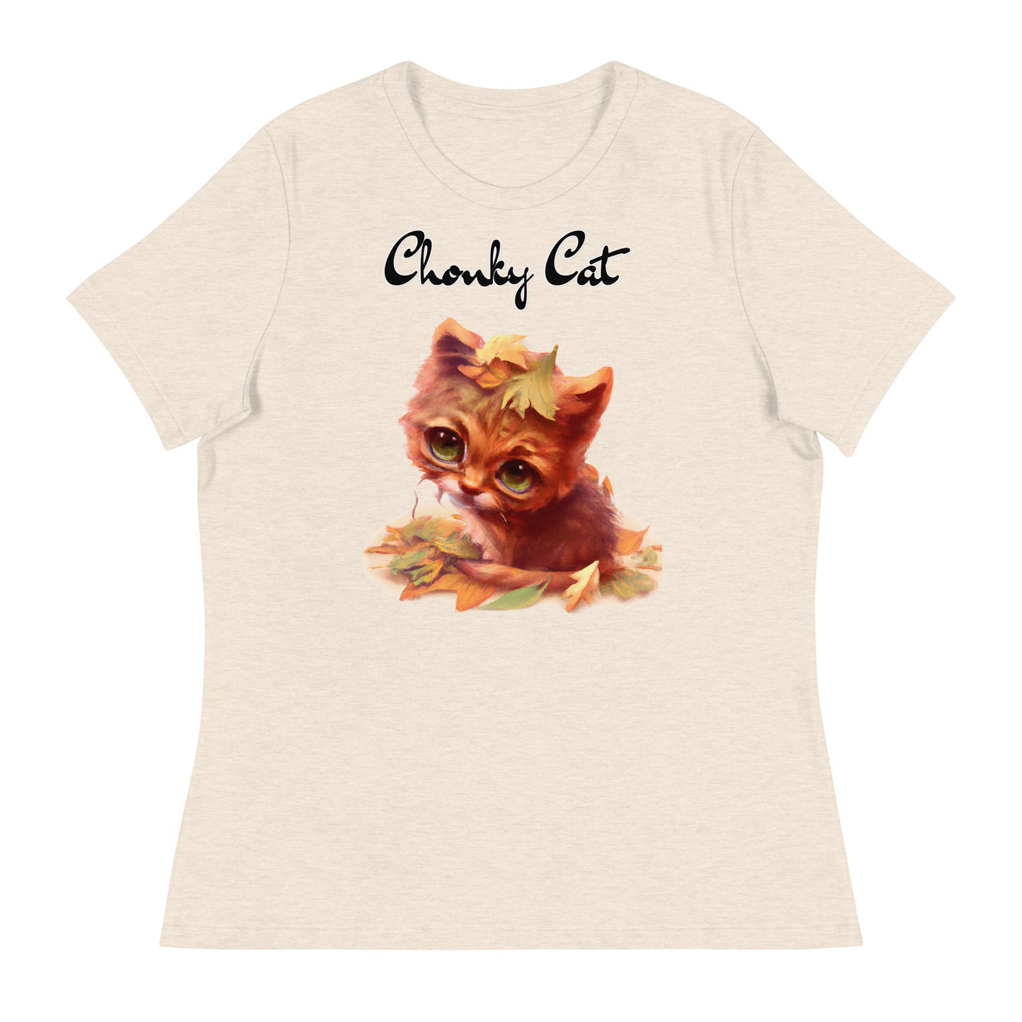 Women's T-Shirt with Ginger Cat With Autumn Leaves with a text "Chonky Cat" at $25.97 found at Personalizedpetlovergifts