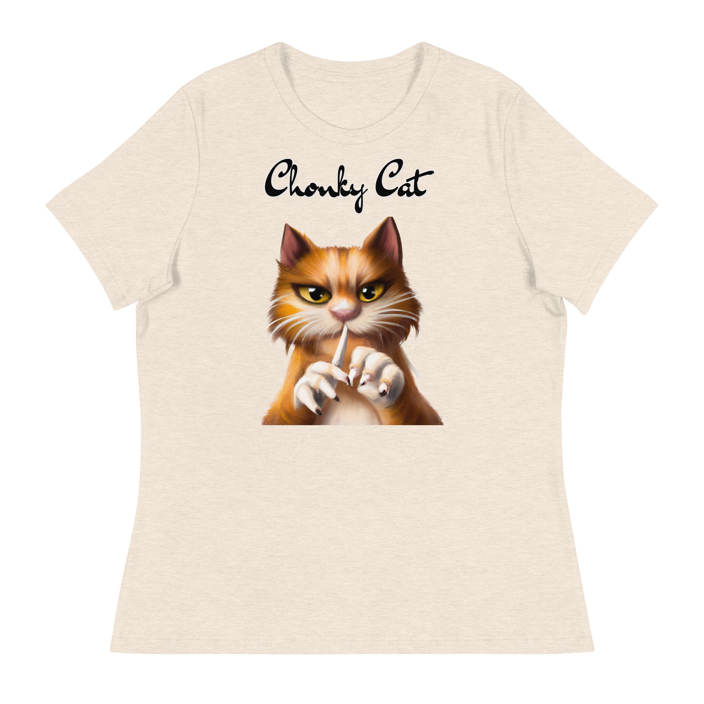 Women's T-Shirt with Ginger Cat Filing Its Nails with a text "Chonky Cat" at $25.97 found at Personalizedpetlovergifts