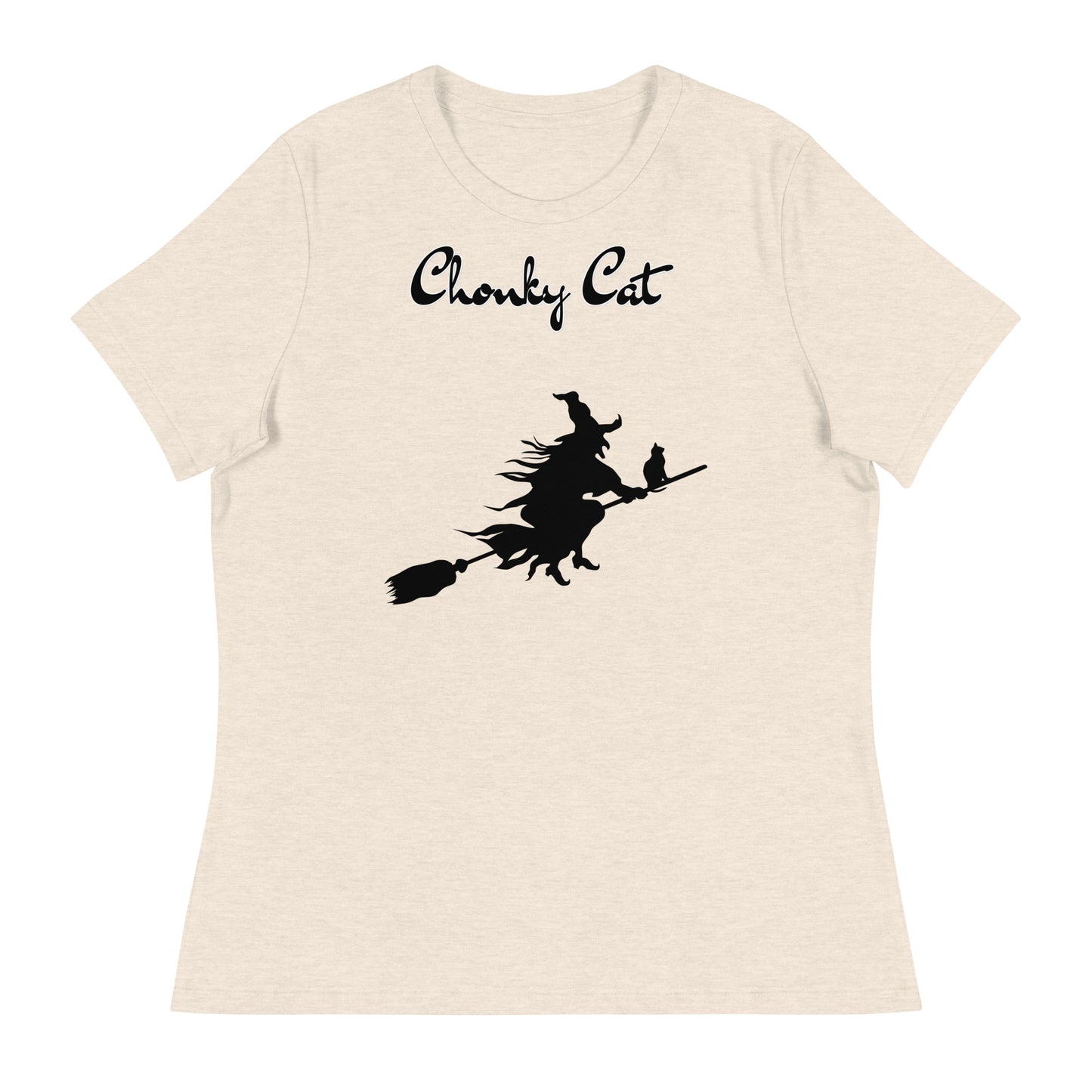 Women's T-Shirt with Flying Witch With Cat On a Broom with a text "Chonky Cat" at $25.97 found at Personalizedpetlovergifts