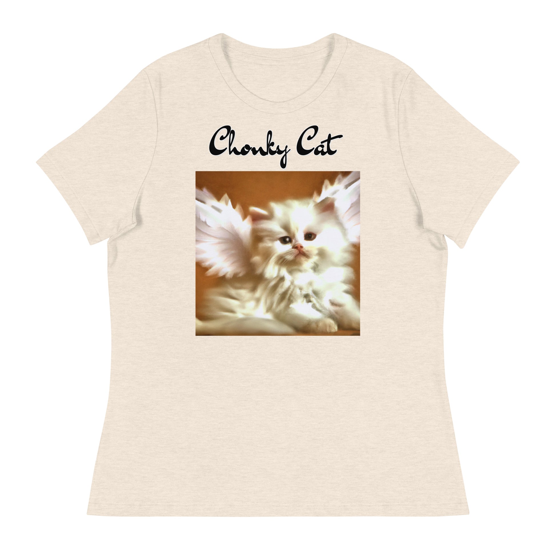 Women's T-Shirt with Fluffy White Kitten With Angel Wings with a text "Chonky Cat" at $25.97 found at Personalizedpetlovergifts