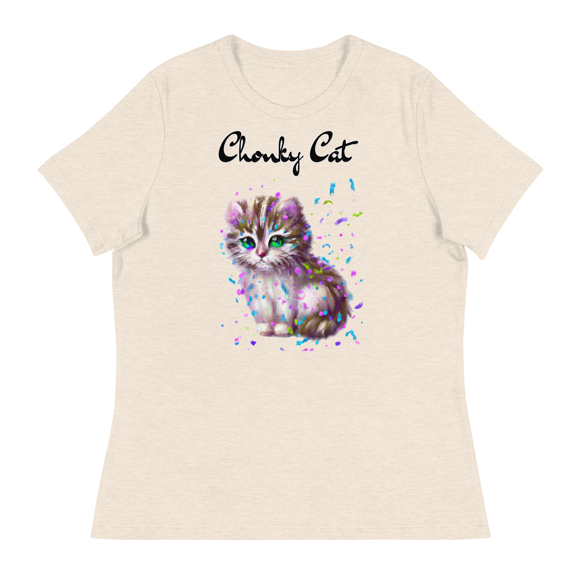 Women's T-Shirt with Fluffy Kitten With Confetti with a text "Chonky Cat" at $25.97 found at Personalizedpetlovergifts