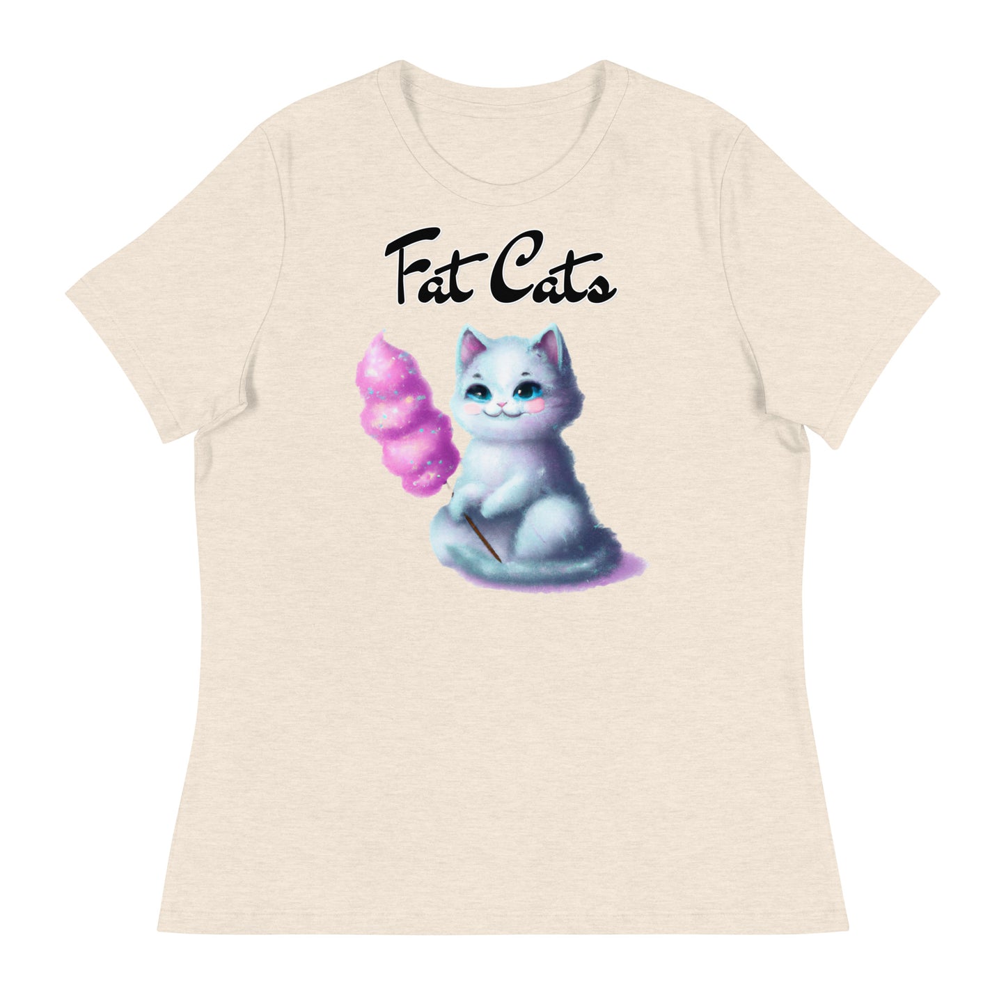 Women's T-Shirt with Kitten Holding A Cotton Candy with a text "Fat Cats" at $25.97 found at Personalizedpetlovergifts