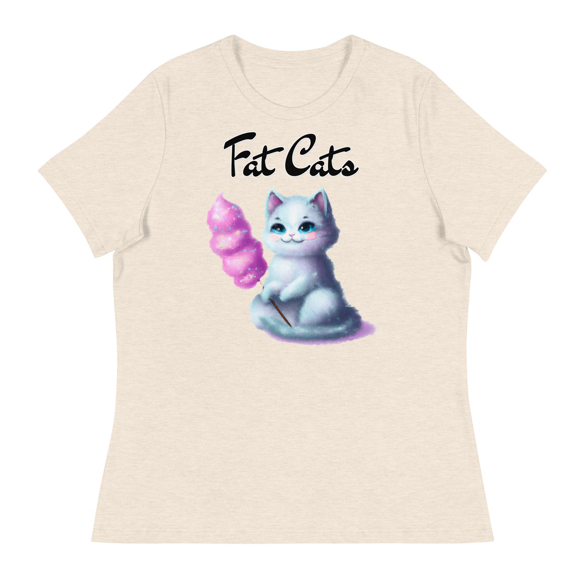 Women's T-Shirt with Kitten Holding A Cotton Candy with a text "Fat Cats" at $25.97 found at Personalizedpetlovergifts